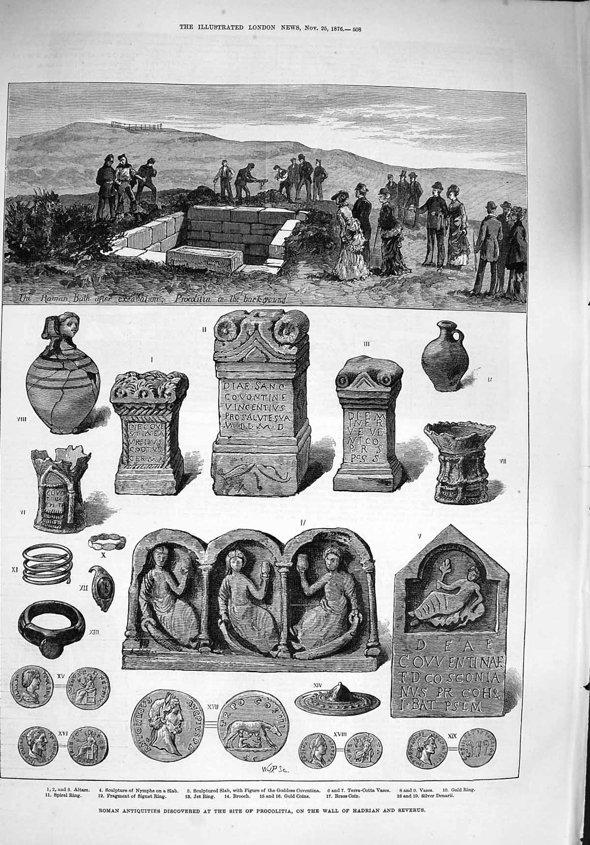 Old Antique Print 1876 Roman Antiquities Procolitia Hadrian Severus Wall 19th