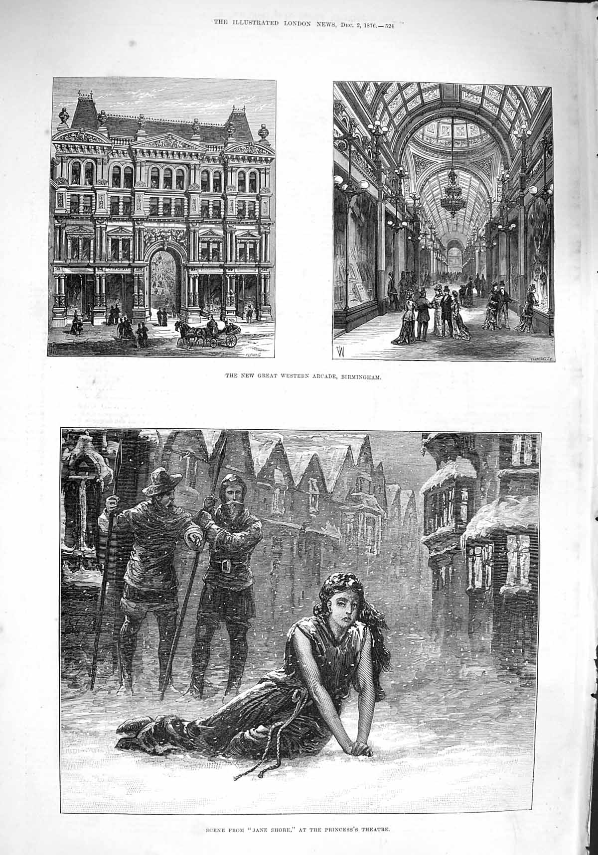 Original Old Antique Print 1876 Western Arcade Birmingham Princess Theatr 19th
