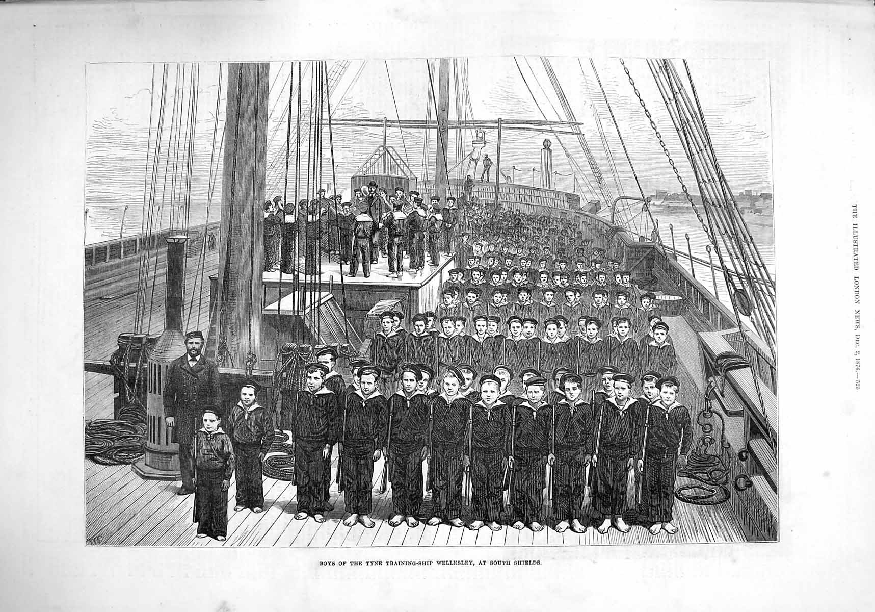 Original Old Antique Print 1876 Boys Tyne Training Ship Wellesley South 19th