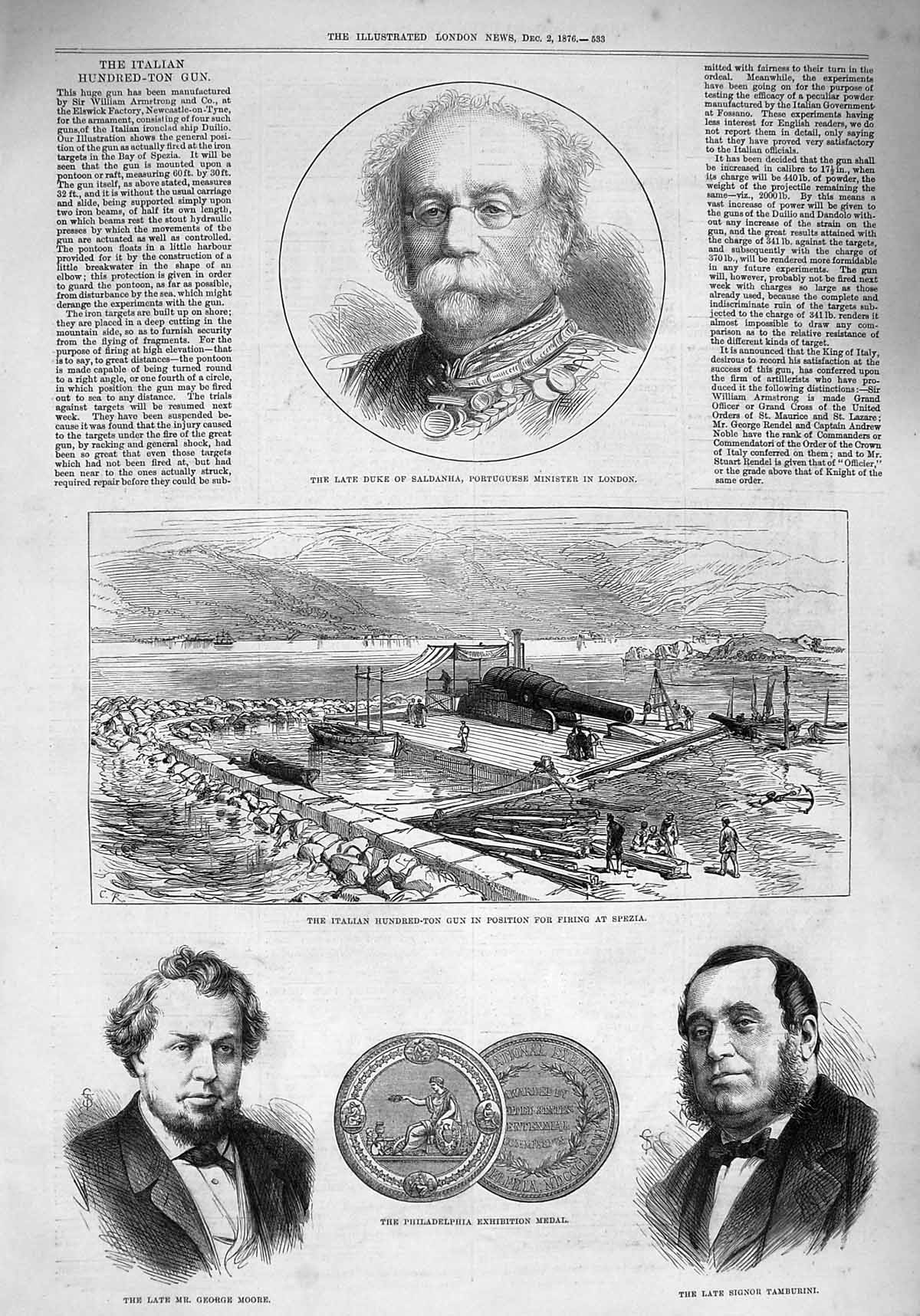 Old Antique Print 1876 Duek Saldanha Moore Tamburini Spezia Italian Gun 19th