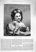 Original Old Antique Print 1876 Deux Bons Amis Little Girl Soup Bowl Cat Goupil