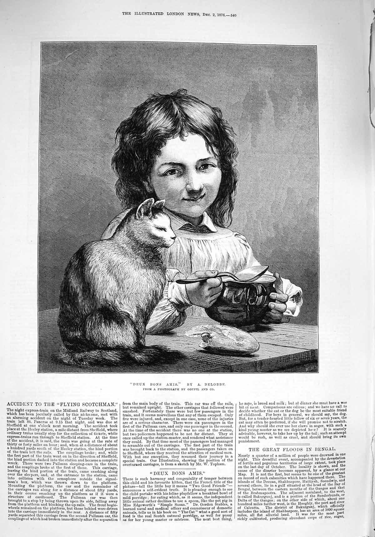 Original Old Antique Print 1876 Deux Bons Amis Little Girl Soup Bowl Cat Goupil