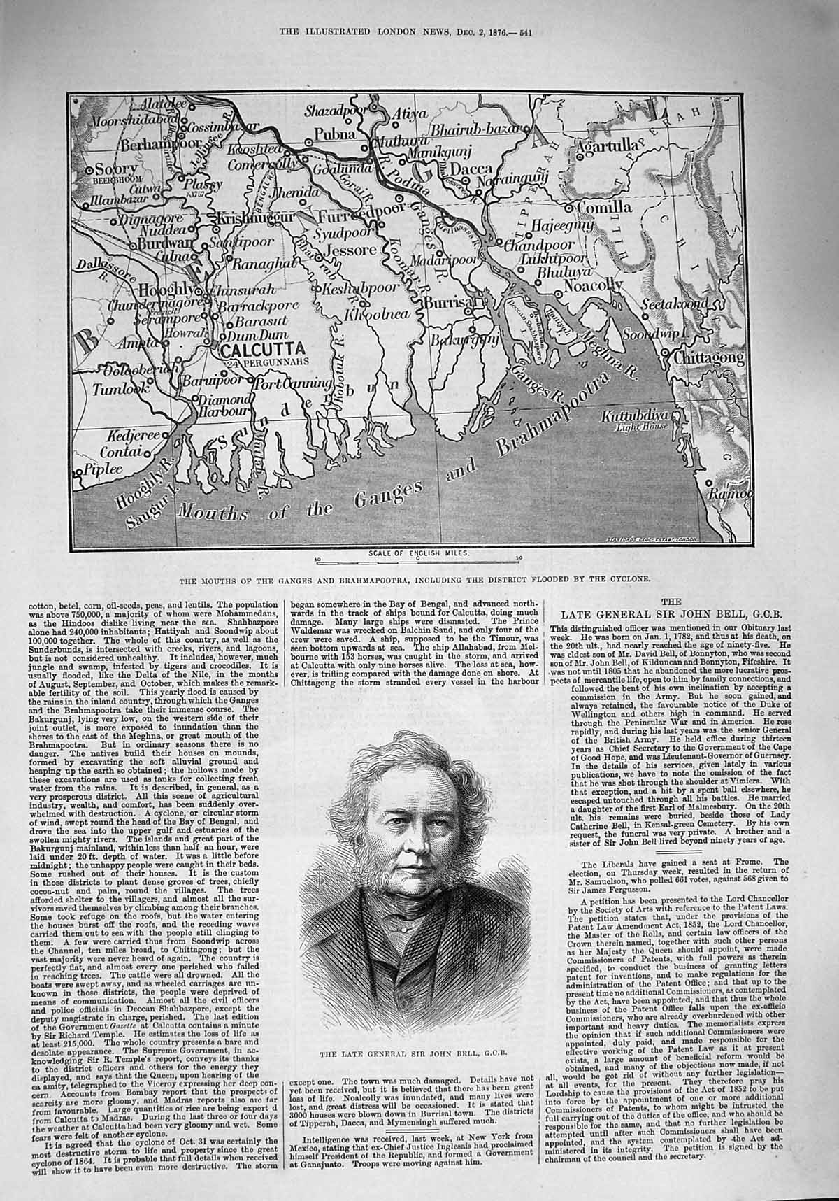 Original Old Antique Print 1876 General Sir John Bell Map Calcutta Brahmapootra