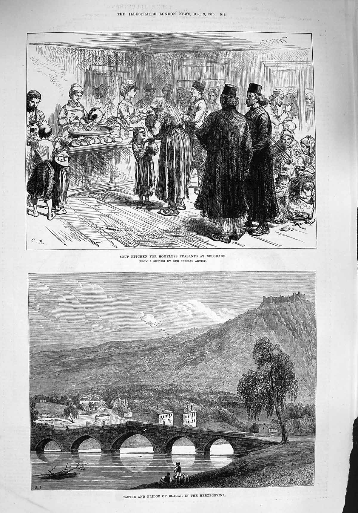 Old Antique Print 1876 Soup Kitchen Peasant Belgrade Castle Bridge Blagai 19th