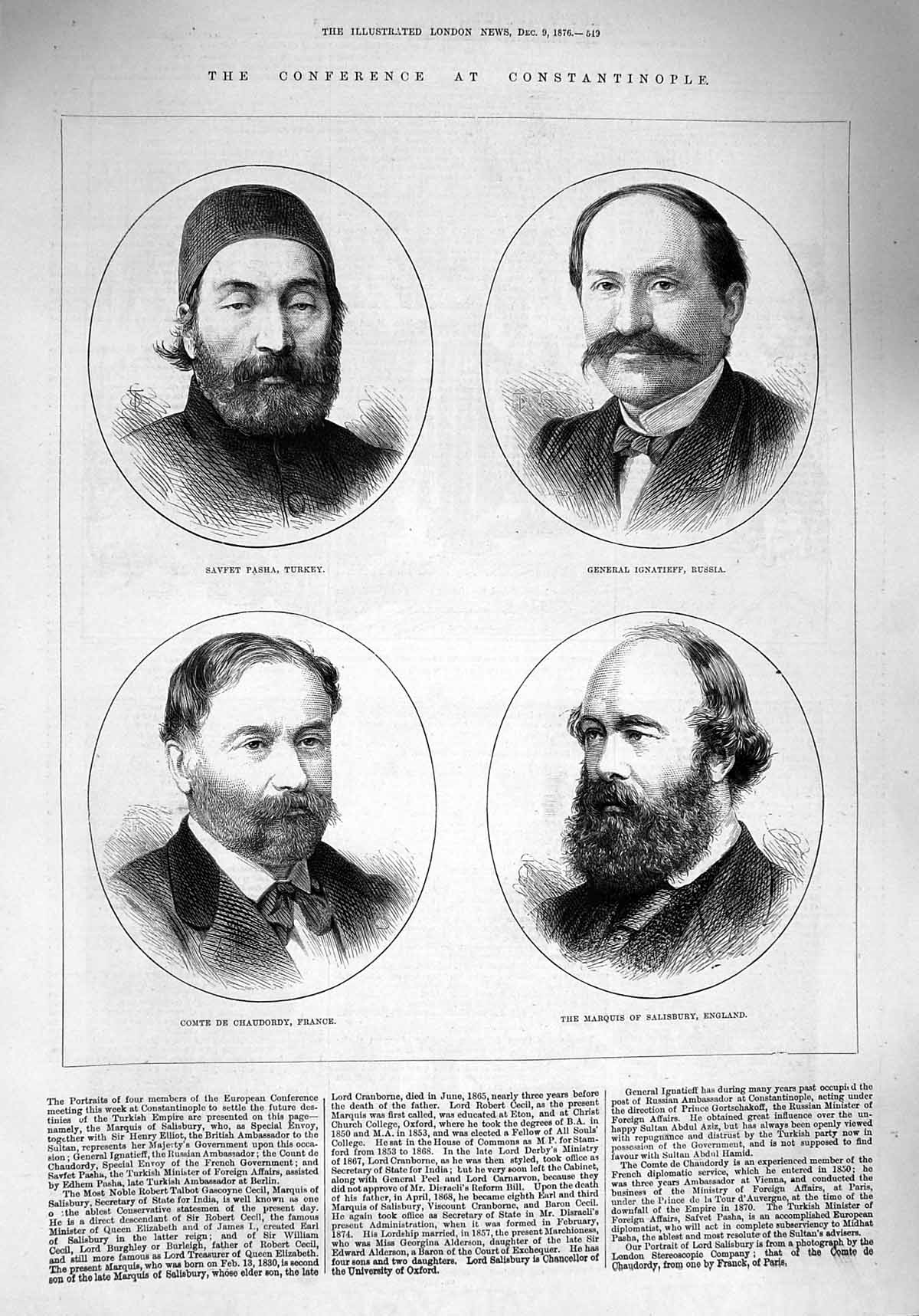 Old Antique Print 1876 Savfet Pasha Turkey Chaudordy Ignatieff Salisbury 19th