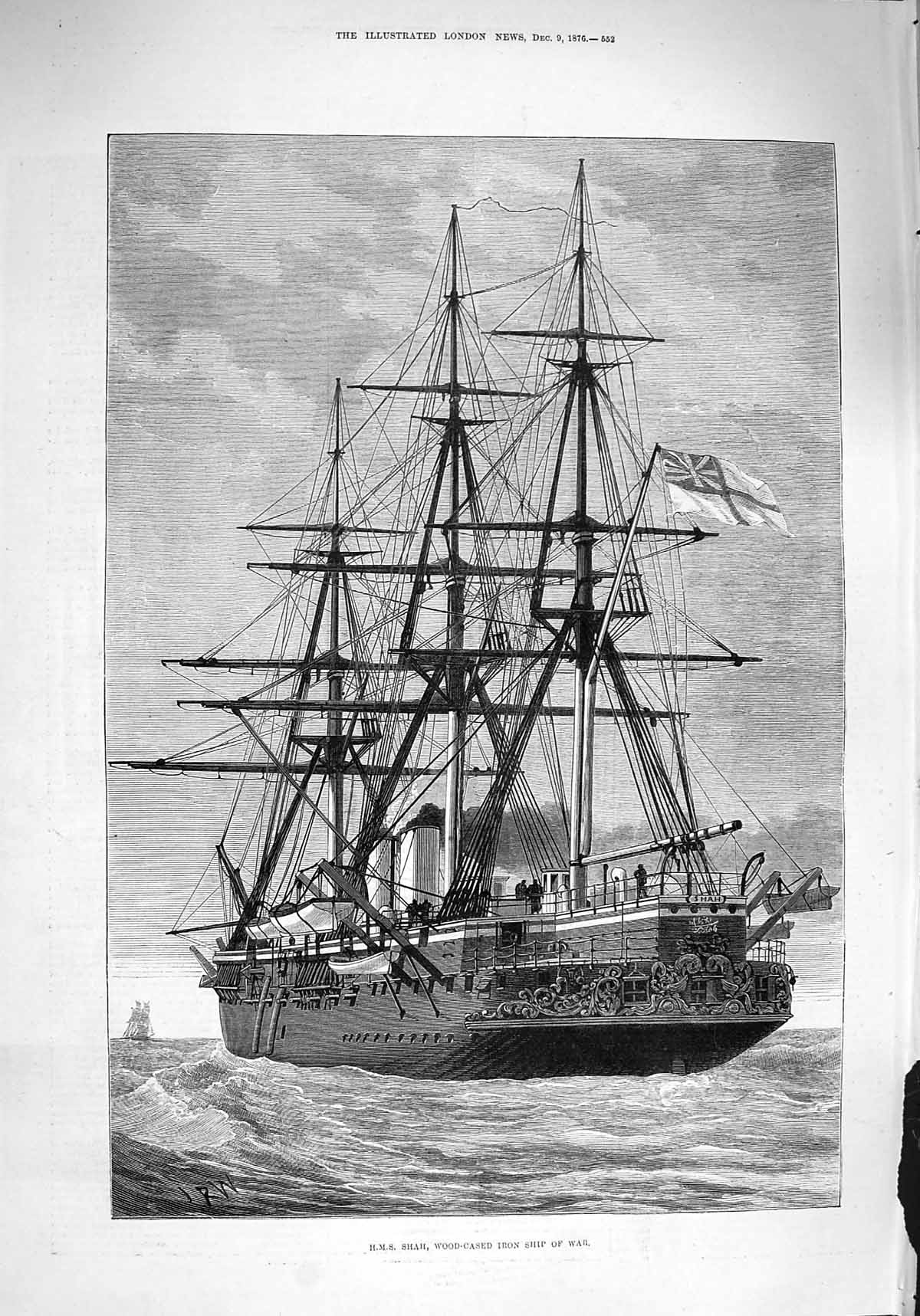 Original Old Antique Print 1876 H.M.S. Shah Wood-Cased Iron Ship War Fine Art