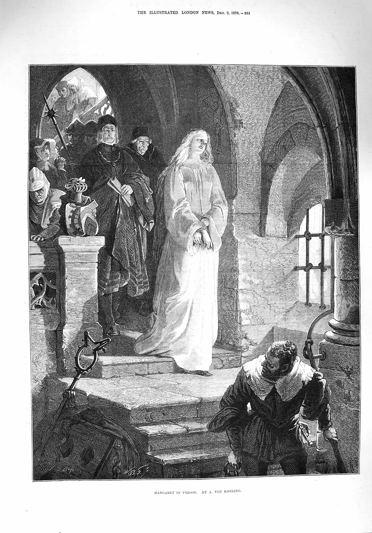 Original Old Antique Print 1876 Margaret Prison Guards Prisoner Von Kreling
