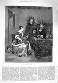 Original Old Antique Print 1876 Terburg Fine Art Guitar Lesson Music Lady 19th
