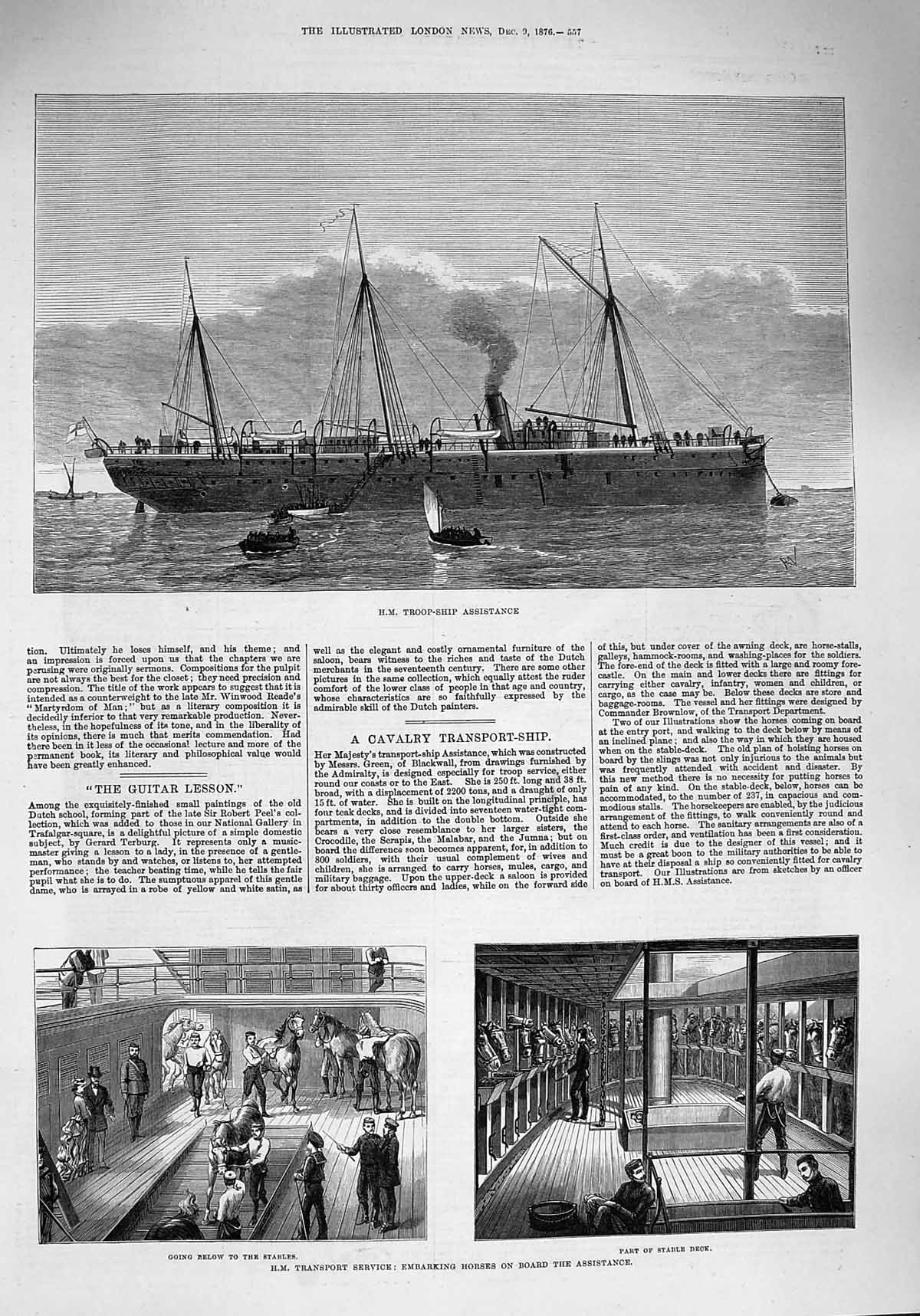 Old Antique Print 1876 Troop Ship Assistance Embarking Horses Transport 19th