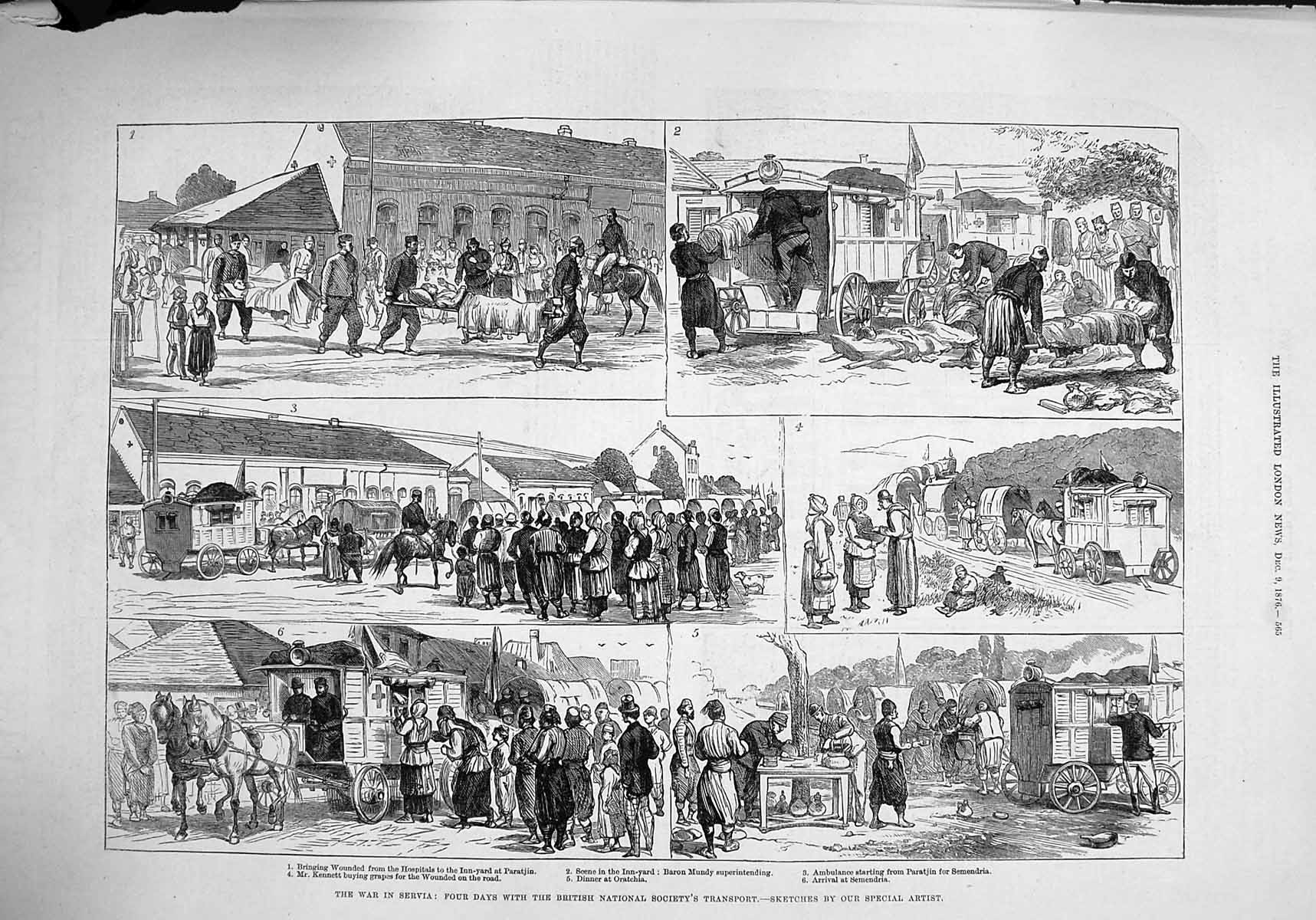 Old Antique Print 1876 War Servia Baron Mundy Ambulance Sememdria Kennett 19th
