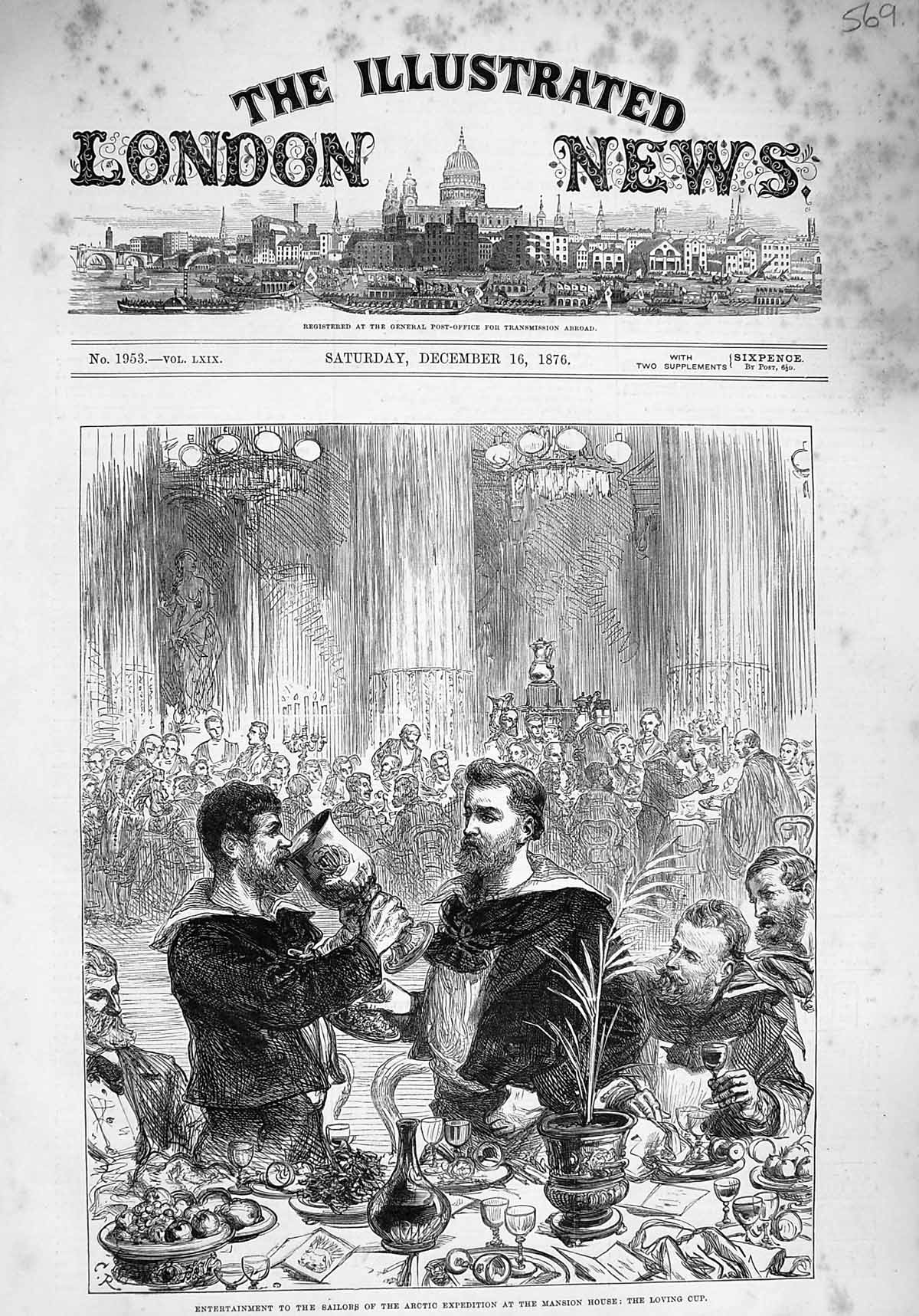 Old Antique Print 1876 Loving Cup Sailors Arctic Expedition Mansion House 19th