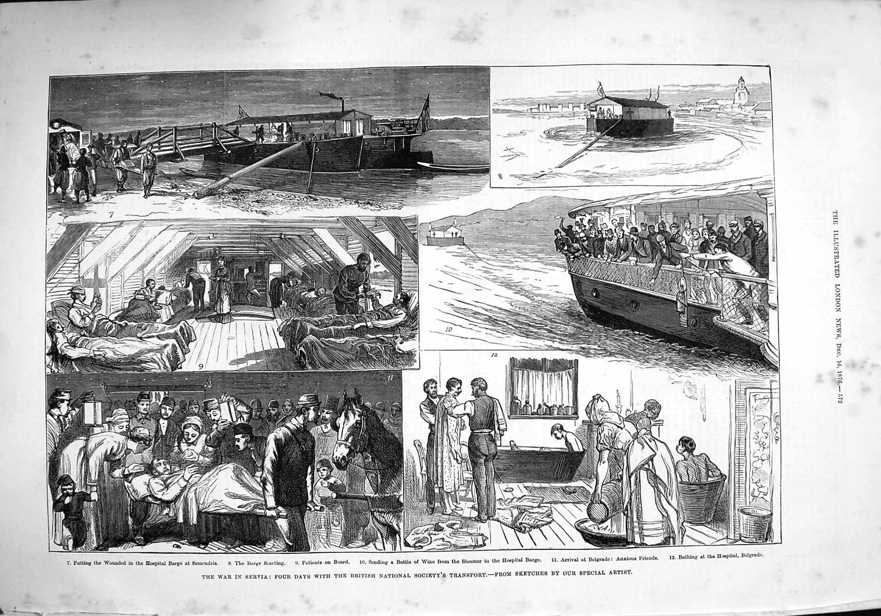 Old Antique Print 1876 War Servia Hospital Barge Semendria Belgrade Boats 19th