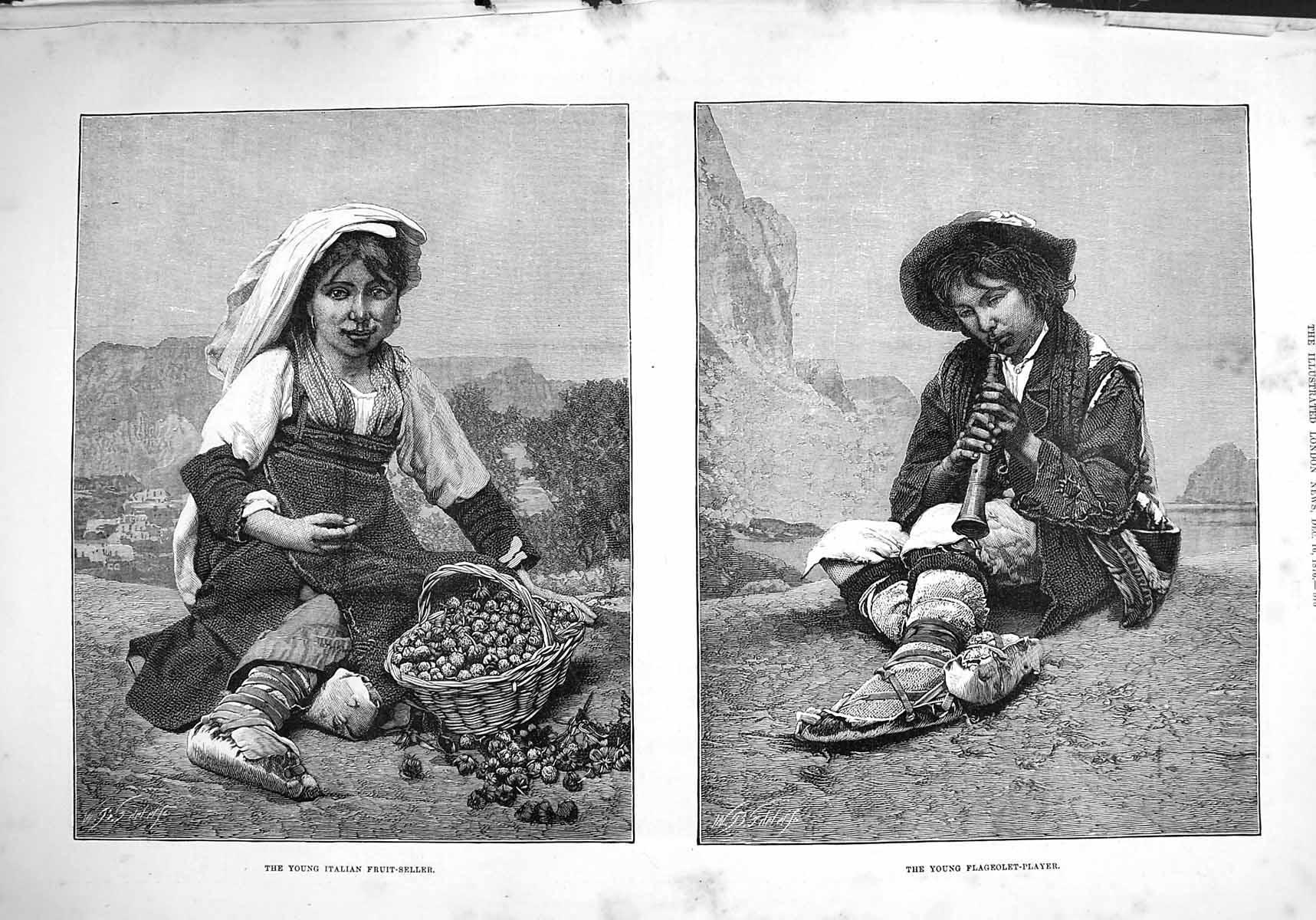 Old Antique Print 1876 Young Italian Fruit Seller Flageolet Player Music 19th