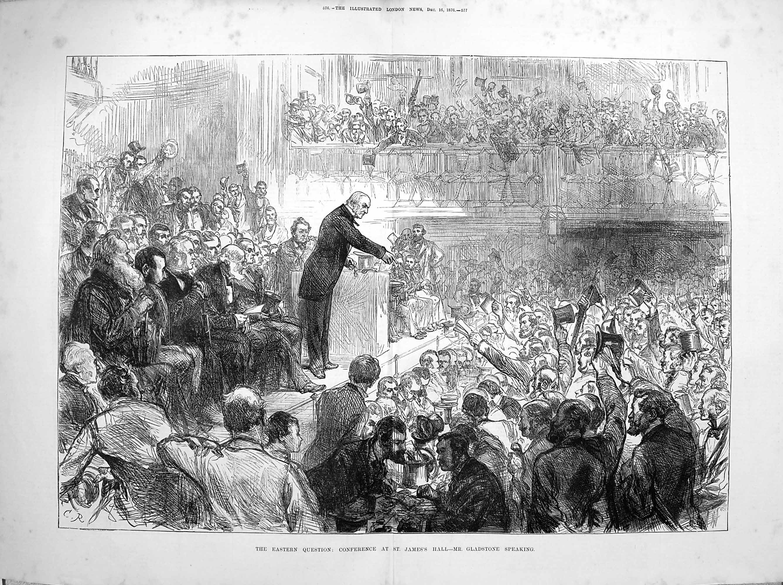 Original Old Antique Print 1876 Conference St. James'S Hall Gladstone Speaking