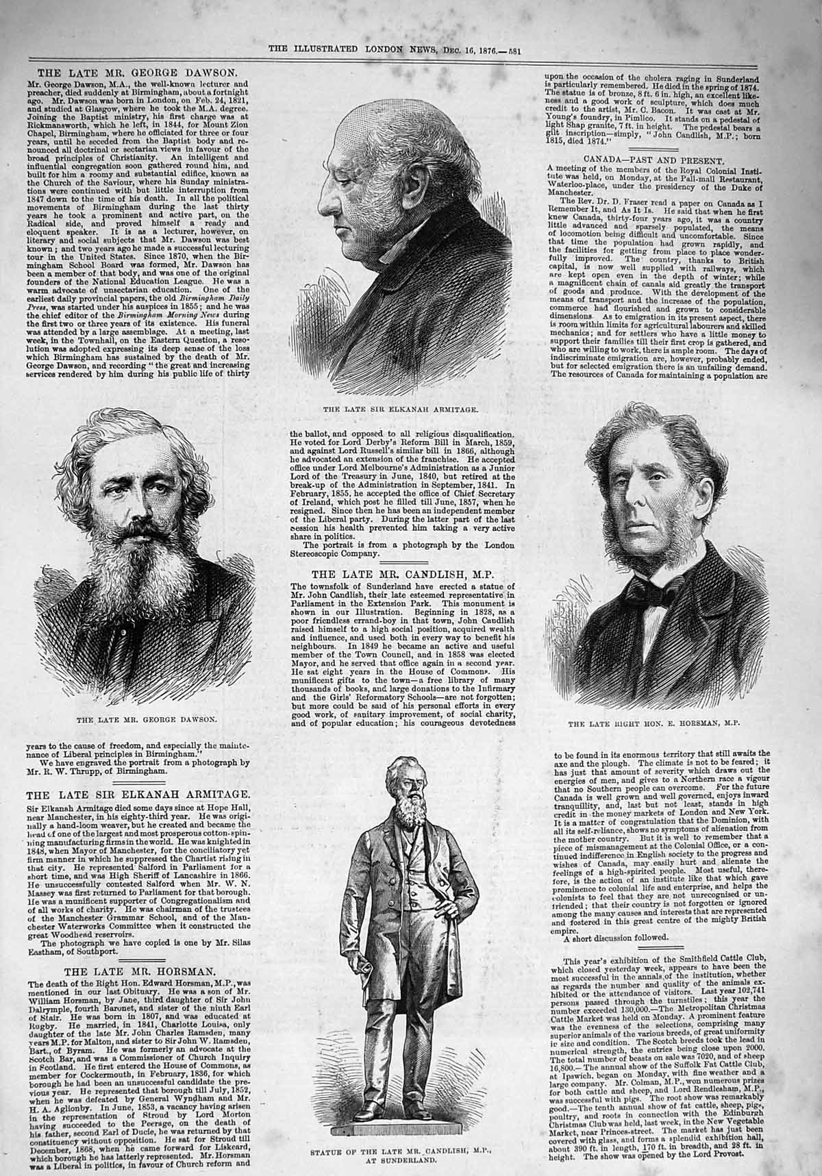 Original Old Antique Print 1876 Elkanah Armitage Horsman Dawson Candlish Statue