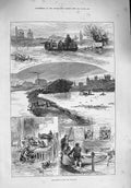Original Old Antique Print 1876 Floods East Midlands Nottingham Peterboro Boats