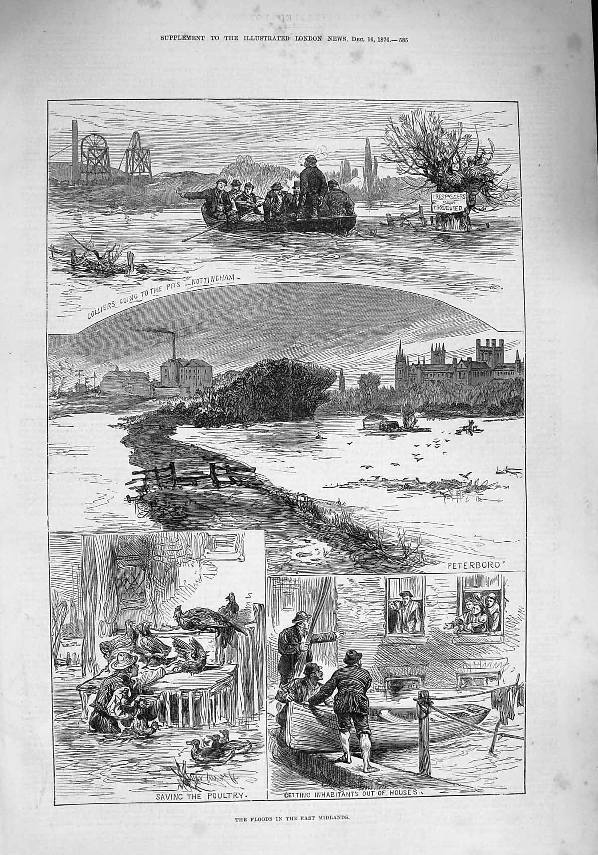Original Old Antique Print 1876 Floods East Midlands Nottingham Peterboro Boats