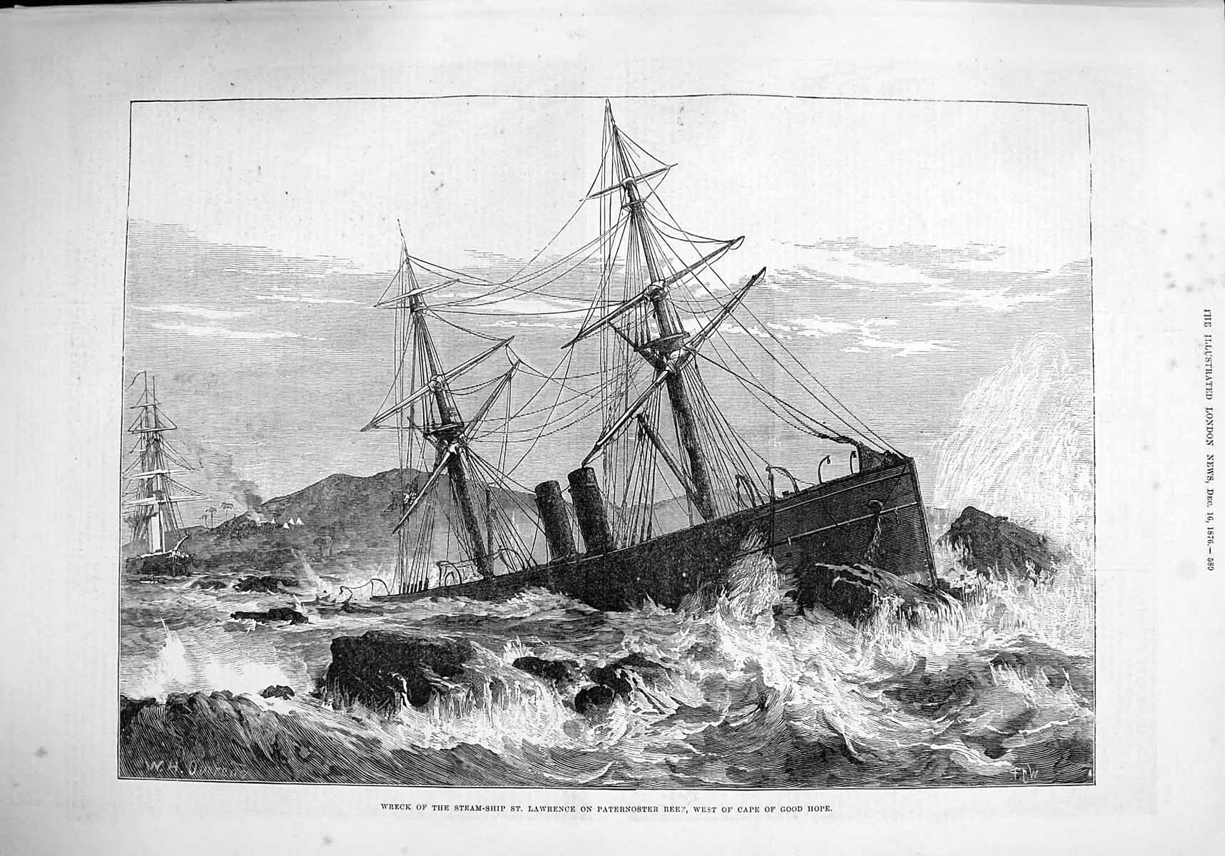 Original Old Antique Print 1876 Wreck Steam Ship Lawrence Paternoster Reef Hope