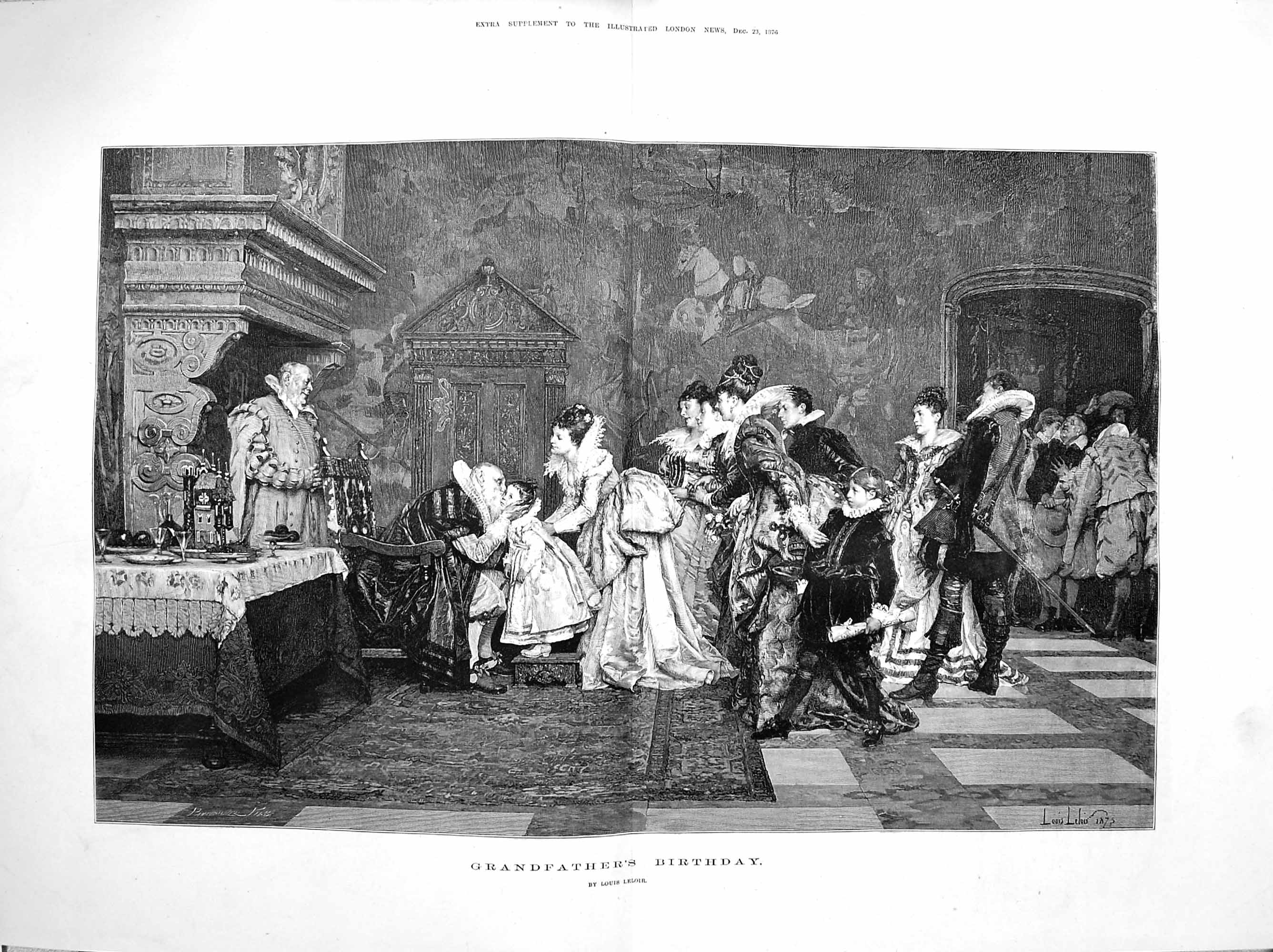 Original Old Antique Print 1876 Grandfather'S Birthday Children Louis Leloir