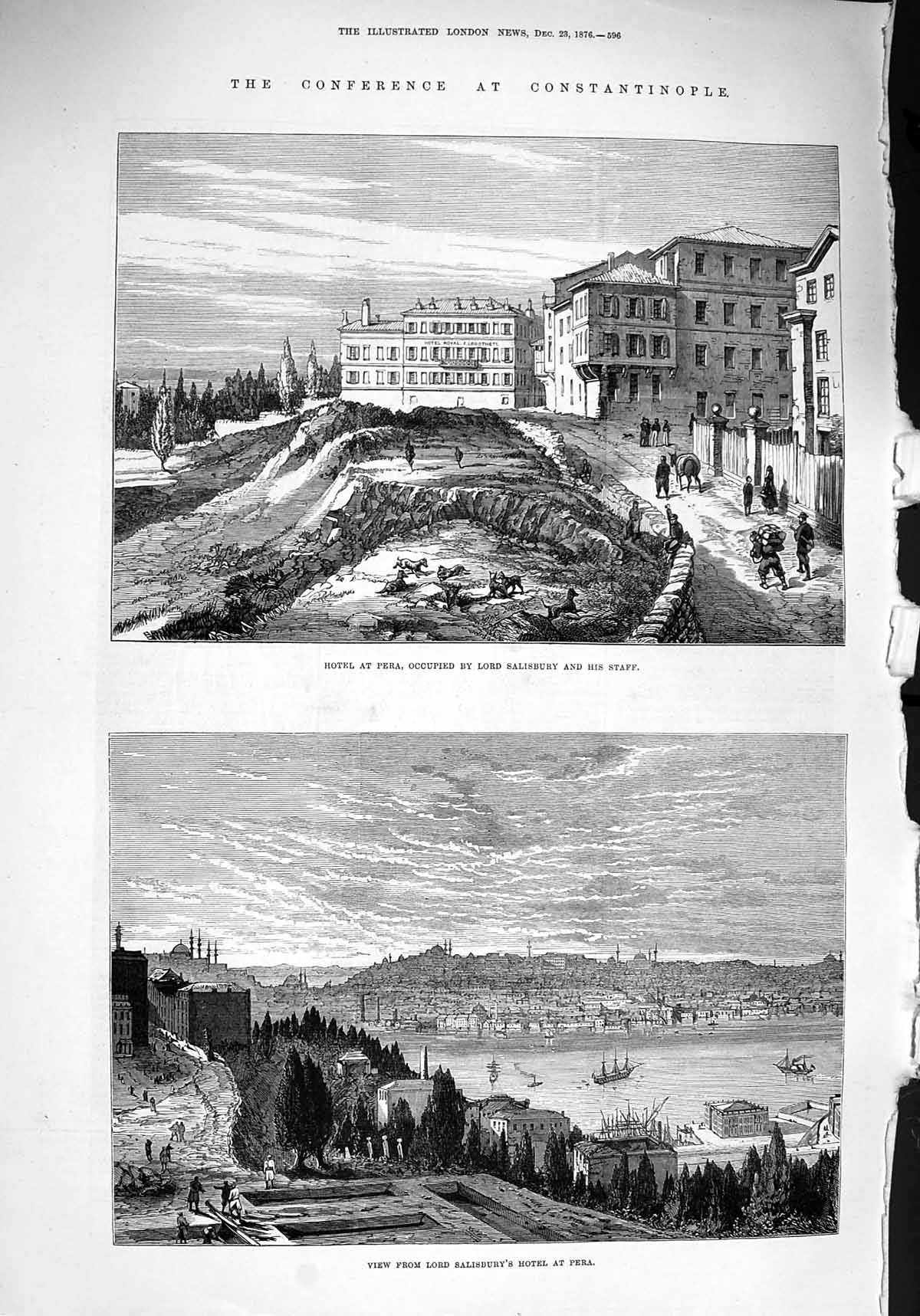 Original Old Antique Print 1876 Constantinople Hotel Pera Lord Salisbury 19th