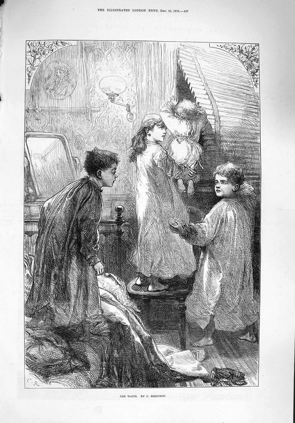 Original Old Antique Print 1876 Children House Window Bedroom 19th