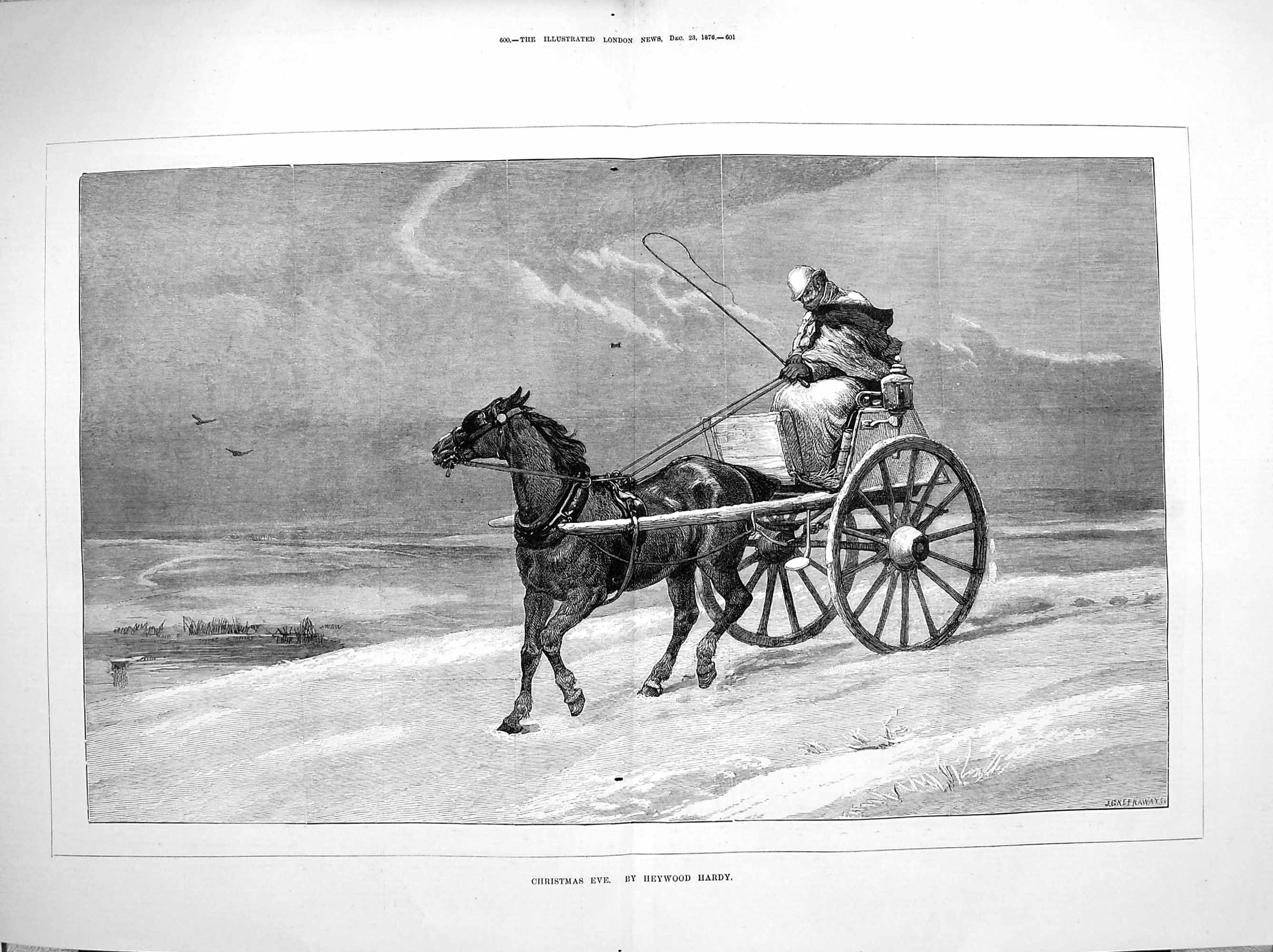 Original Old Antique Print 1876 Damaged Man Horse Cart Christmas Eve Hardy