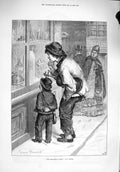 Original Old Antique Print 1876 Pleasures Hope Young Boys Music Shop Window