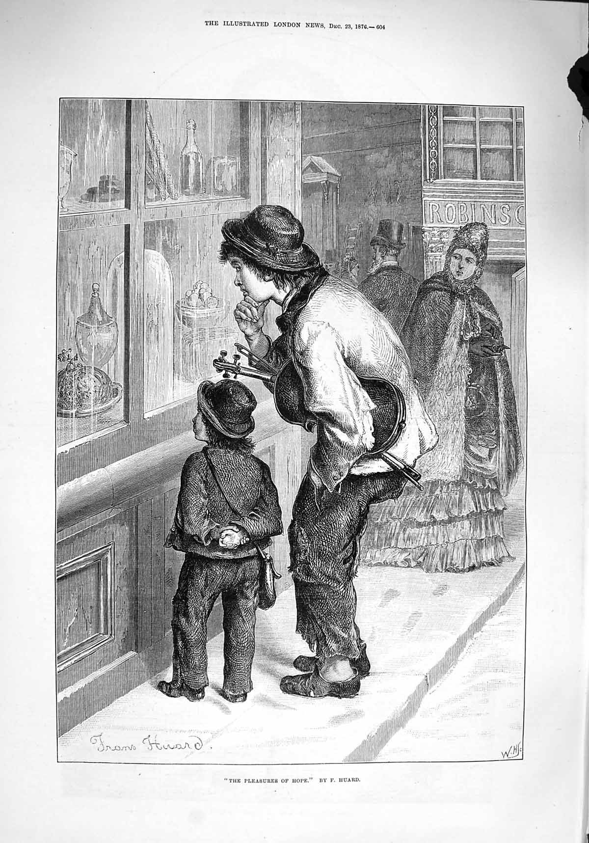 Original Old Antique Print 1876 Pleasures Hope Young Boys Music Shop Window