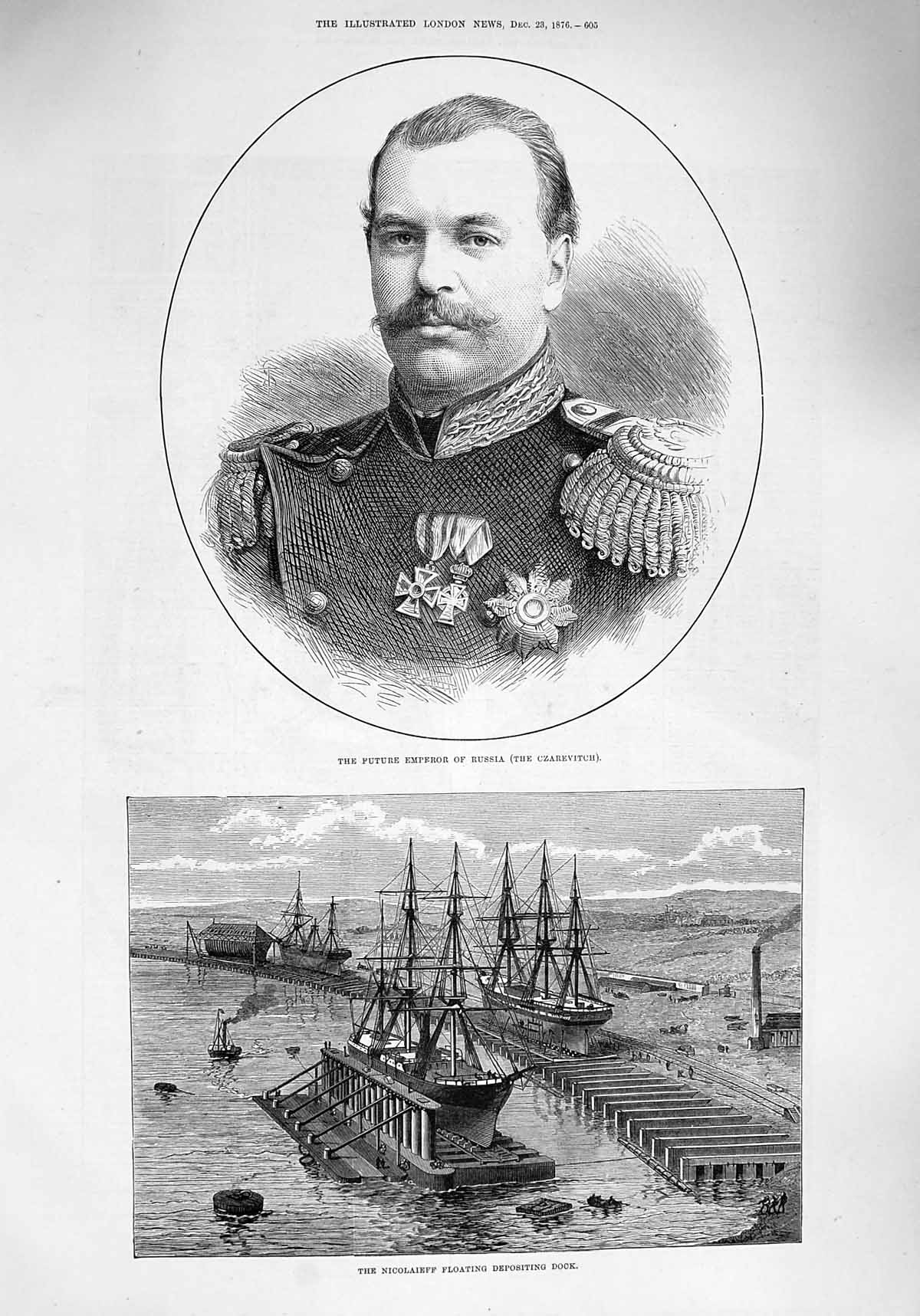 Old Antique Print 1876 Czarevitch Emperor Russia Nicolaieff Floating Dock 19th