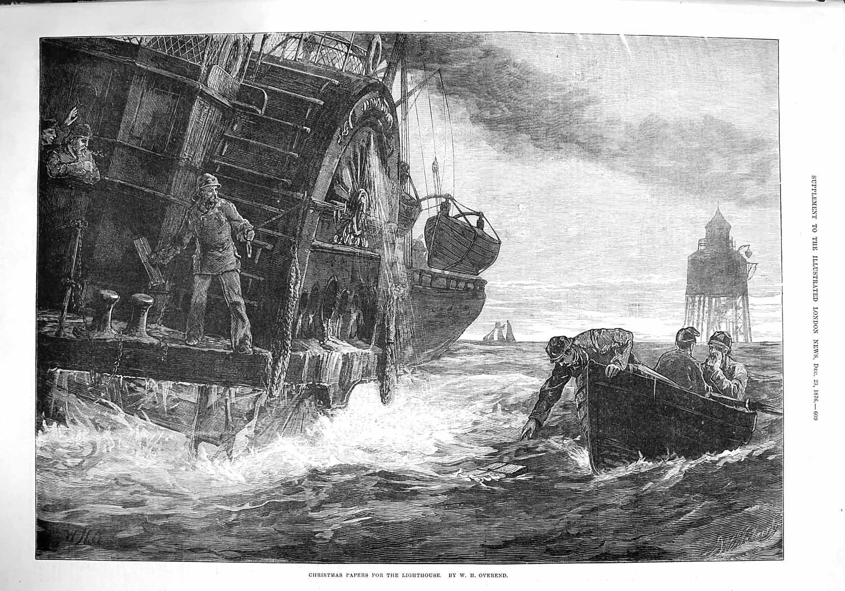 Old Antique Print 1876 Christmas Papers Lighthouse Steamer Ship Overend 19th