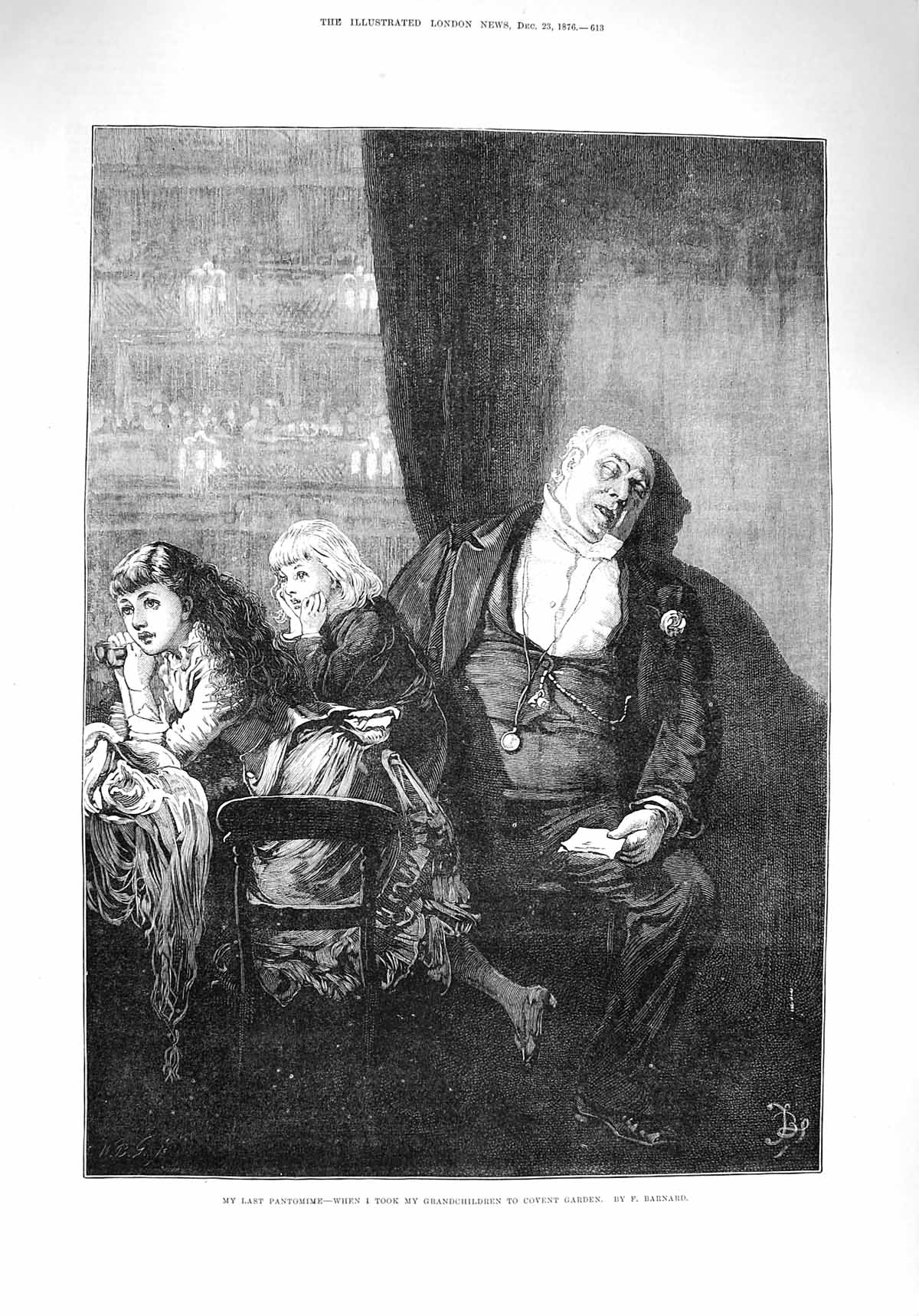 Original Old Antique Print 1876 Last Pantomime Man Sleeping Grandchildren 19th