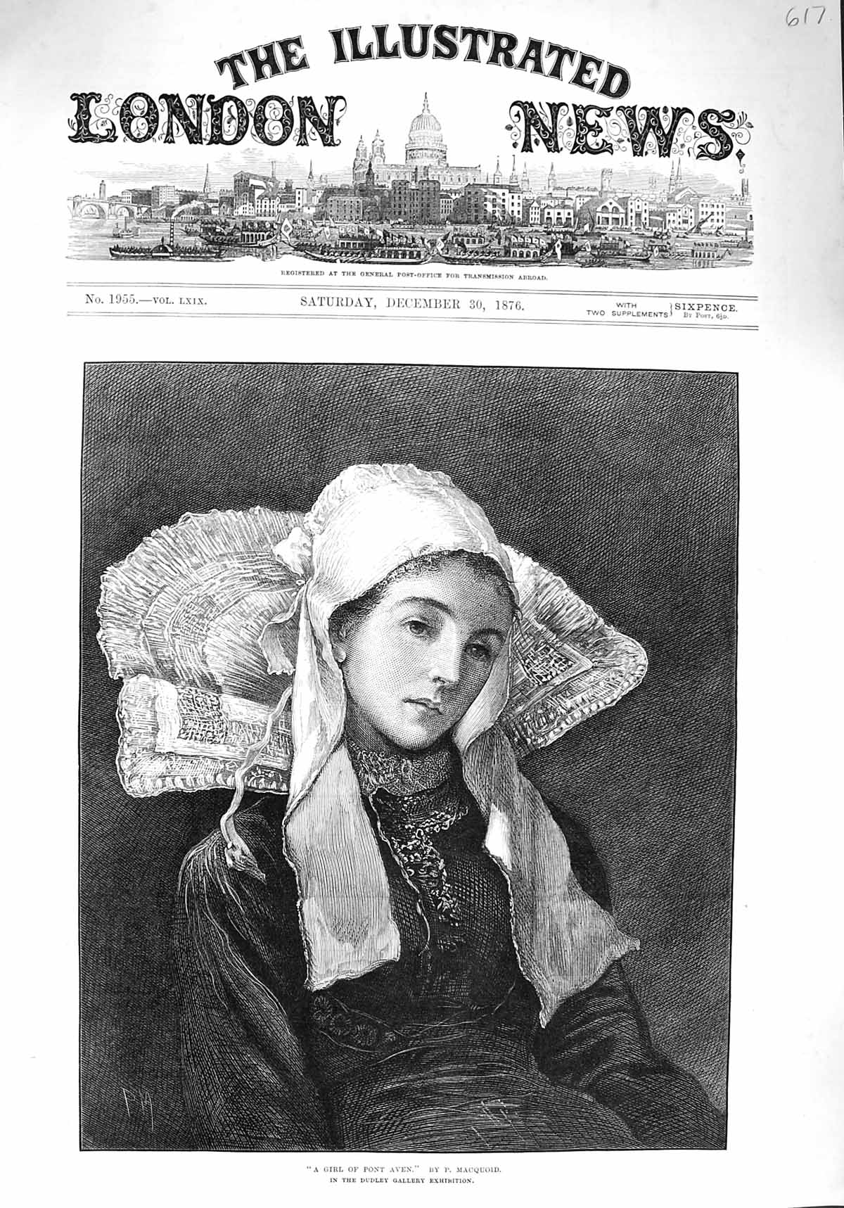 Original Old Antique Print 1876 Portrait Girl Pont Aven Dudley Gallery 19th