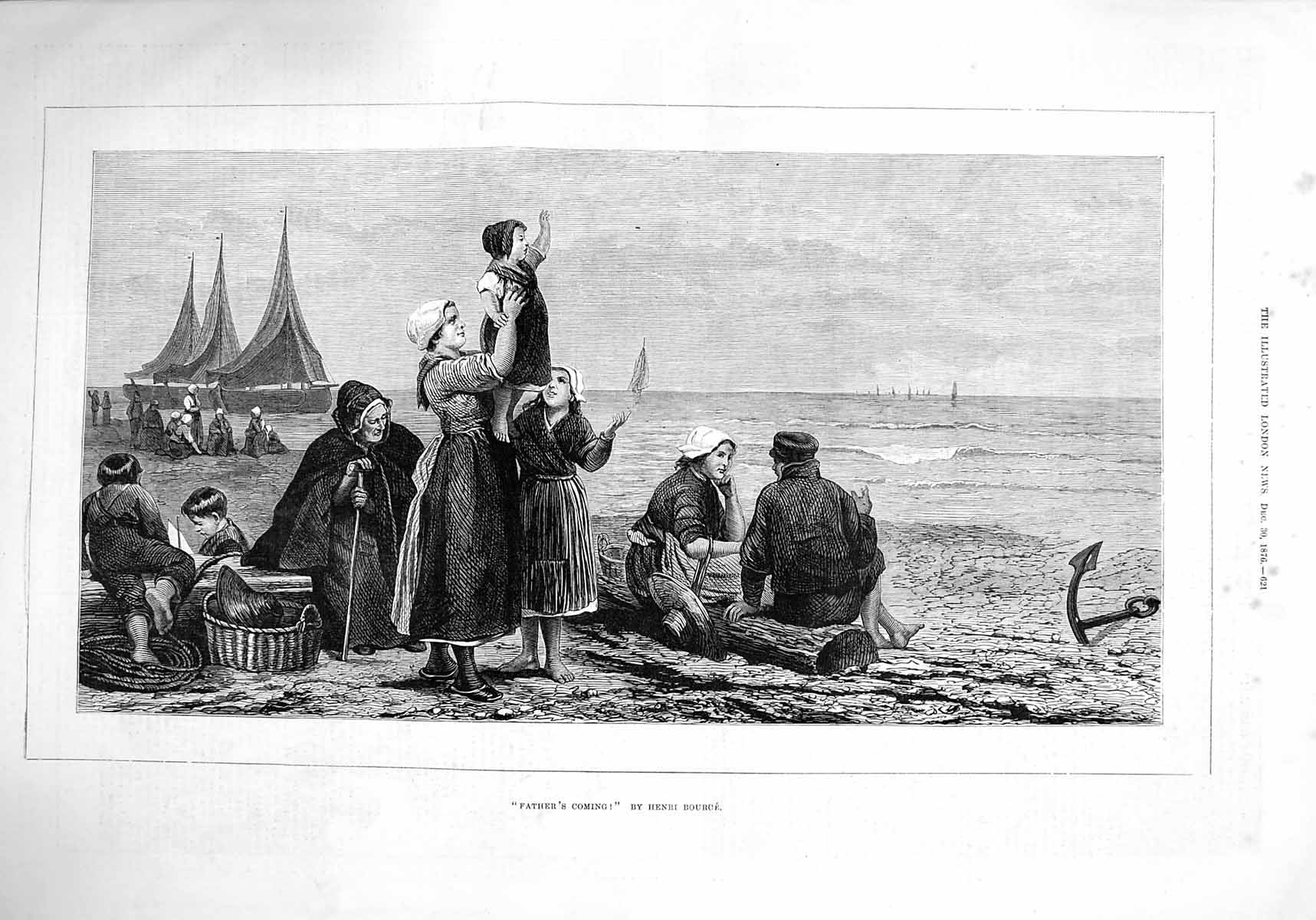 Original Old Antique Print 1876 Father'S Coming Dutch Family Waiting Shore Boat