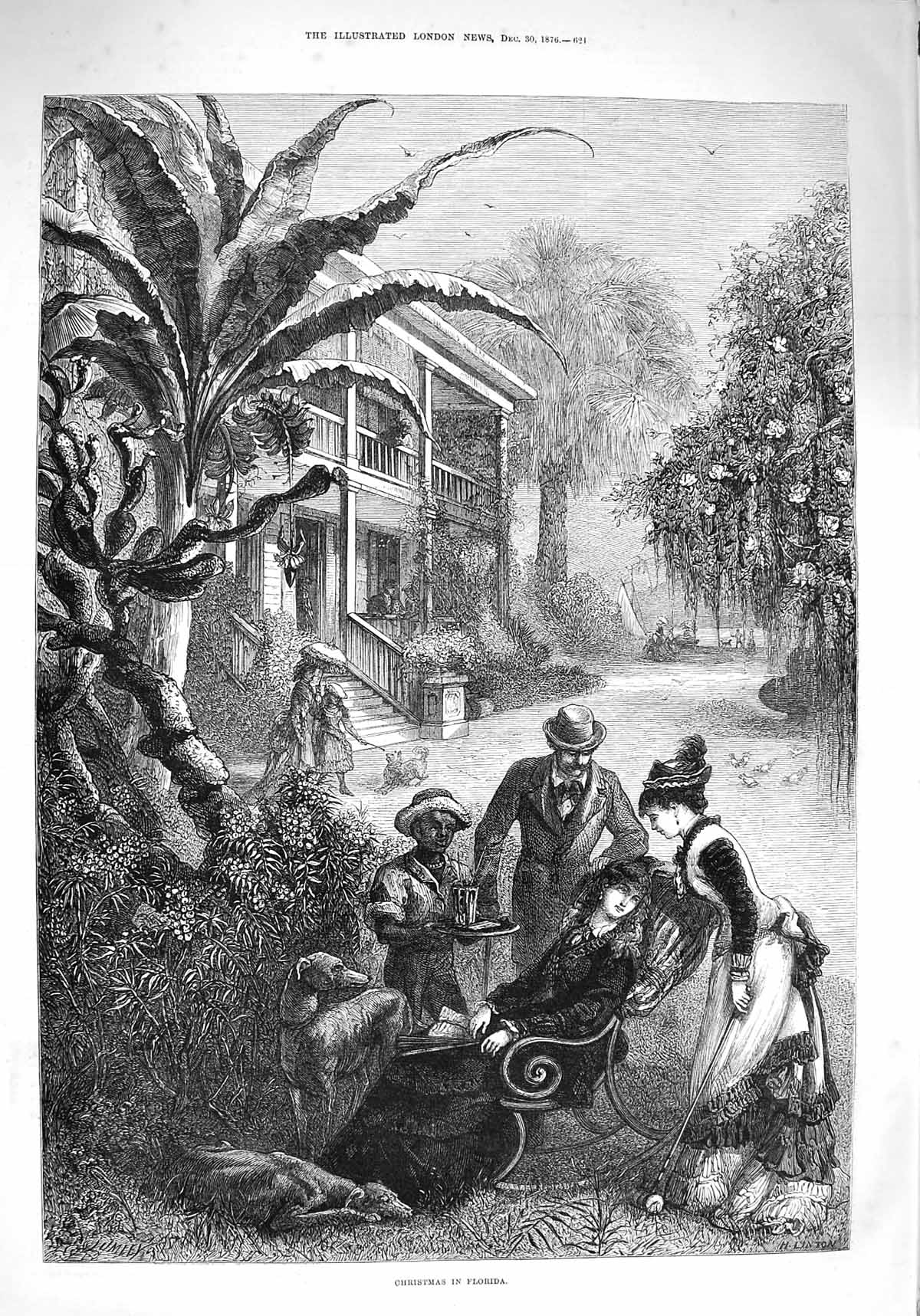 Original Old Antique Print 1876 Christmas Scene Florida America Croquet Sport