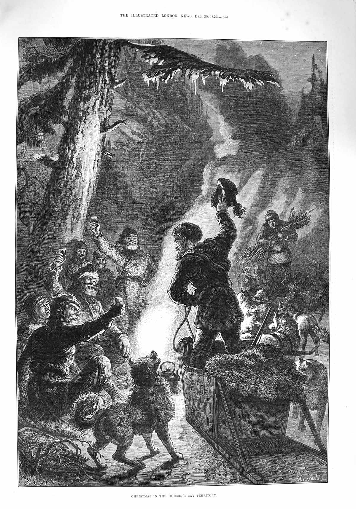 Old Antique Print 1876 Christmas Hudson'S Bay Territory Sledge Husky Dog 19th
