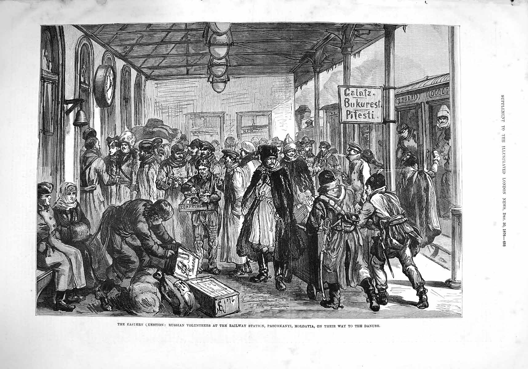 Original Old Antique Print 1876 Russian Volunteers Railway Station Mavia Train