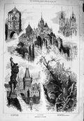 Original Old Antique Print 1876 Prague Powder Tower Hradschin Teynkirche Jews