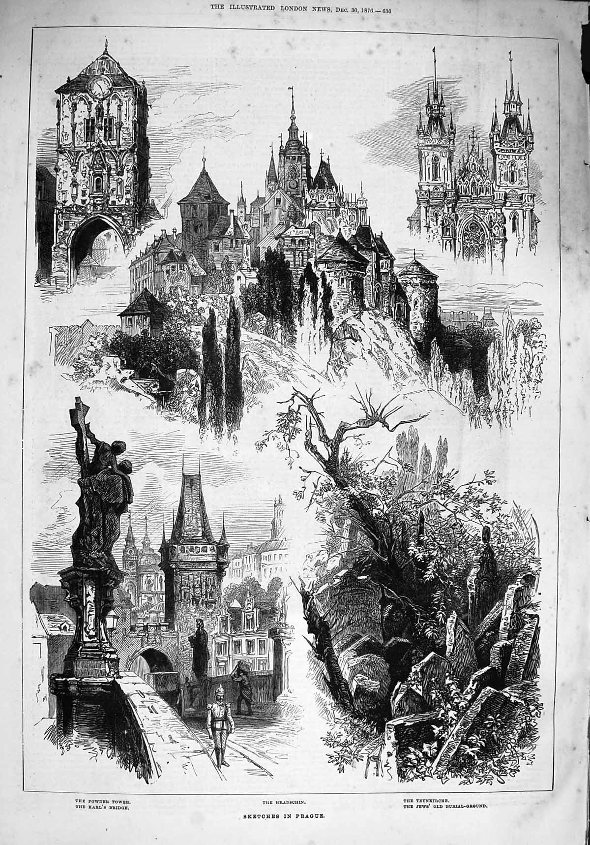 Original Old Antique Print 1876 Prague Powder Tower Hradschin Teynkirche Jews