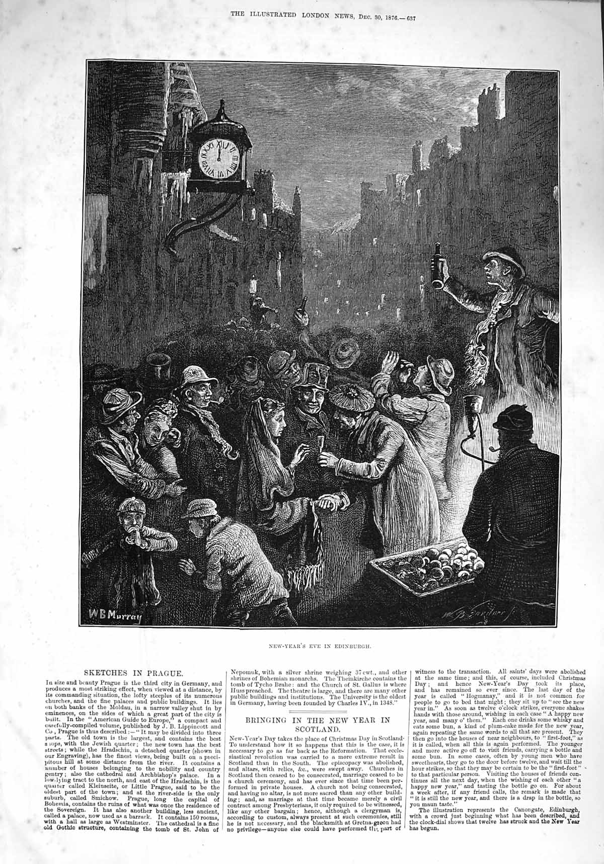 Original Old Antique Print 1876 New Year'S Eve Edinburgh Street Scene Celeb 19th