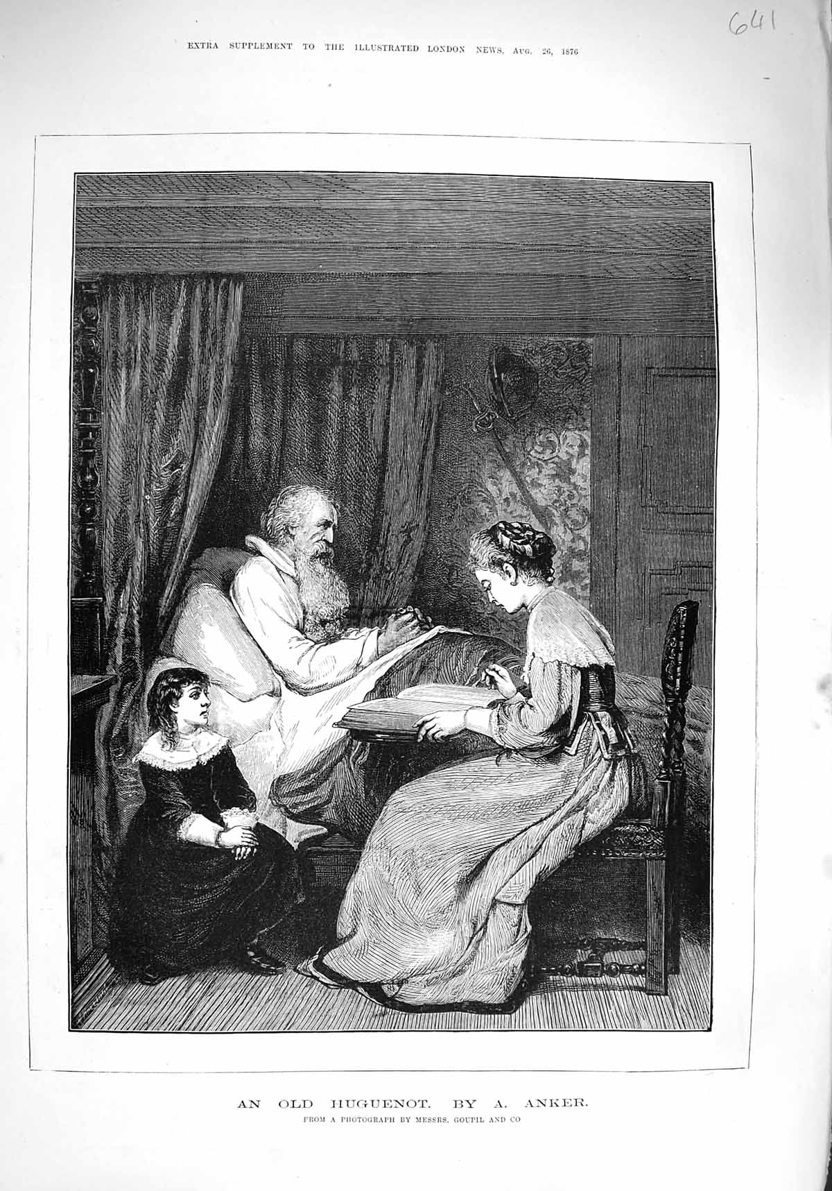 Original Old Antique Print 1876 Huguenot Man Bed Lady Reading Book Goupil 19th