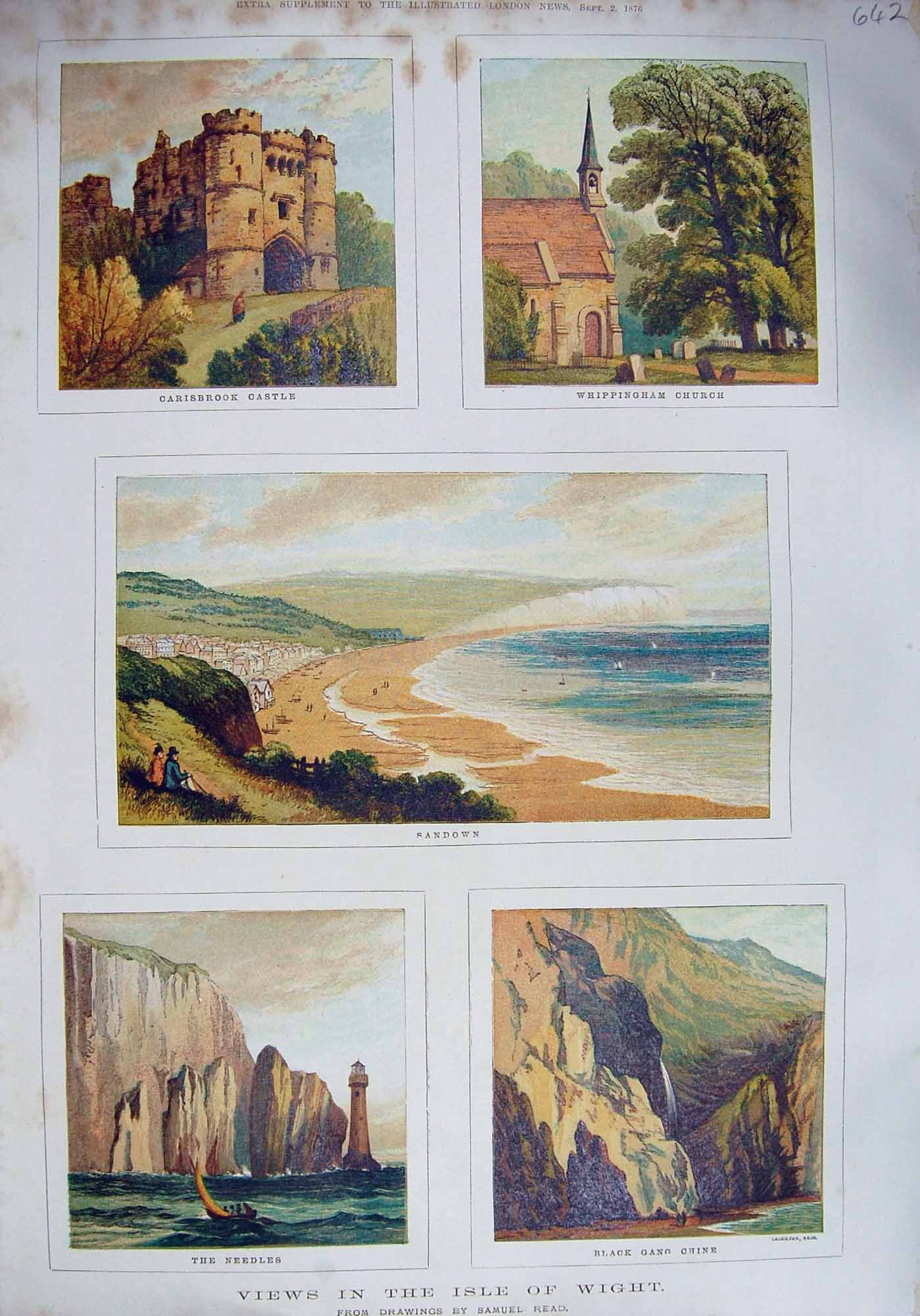 Old Antique Print 1876 Carisbrook Castle Isle Wight Whippingham Sandown 19th