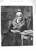 Original Old Antique Print 1876 Quiet Christmas Lady Sleeping Chair Bo Victorian