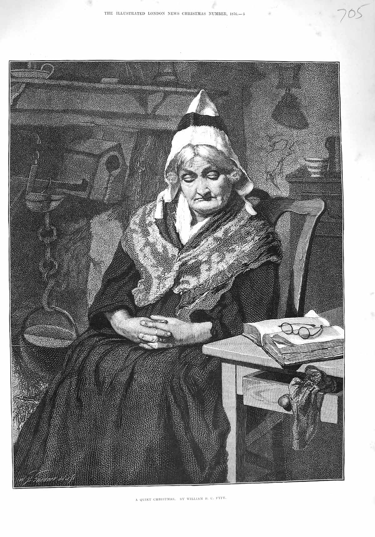 Original Old Antique Print 1876 Quiet Christmas Lady Sleeping Chair Bo Victorian