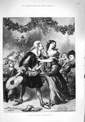 Original Old Antique Print 1876 Twas Merry Hall Christmas Romance Mistletoe
