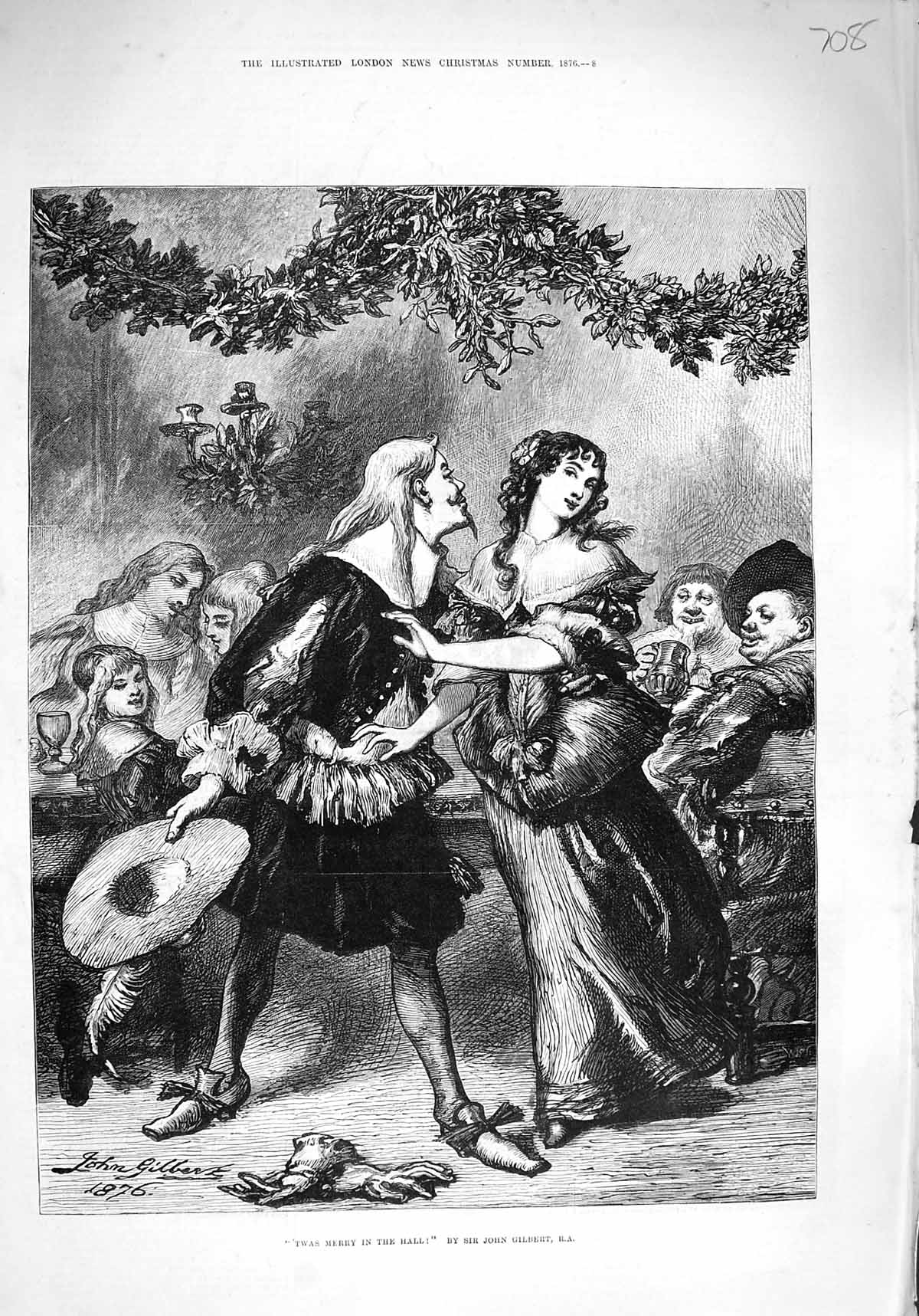Original Old Antique Print 1876 Twas Merry Hall Christmas Romance Mistletoe