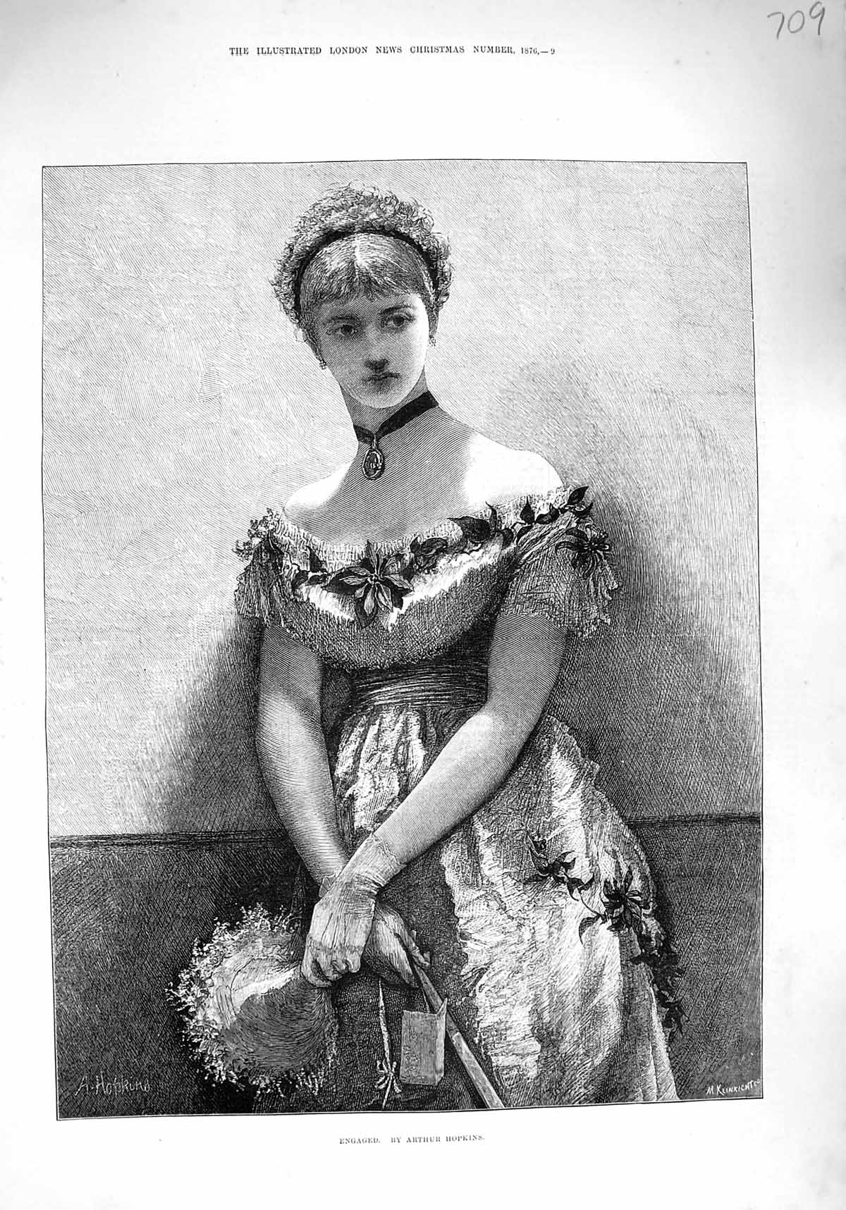 Old Antique Print 1876 Engaged Young Woman Flowers Dress Arthur Hopkins 19th