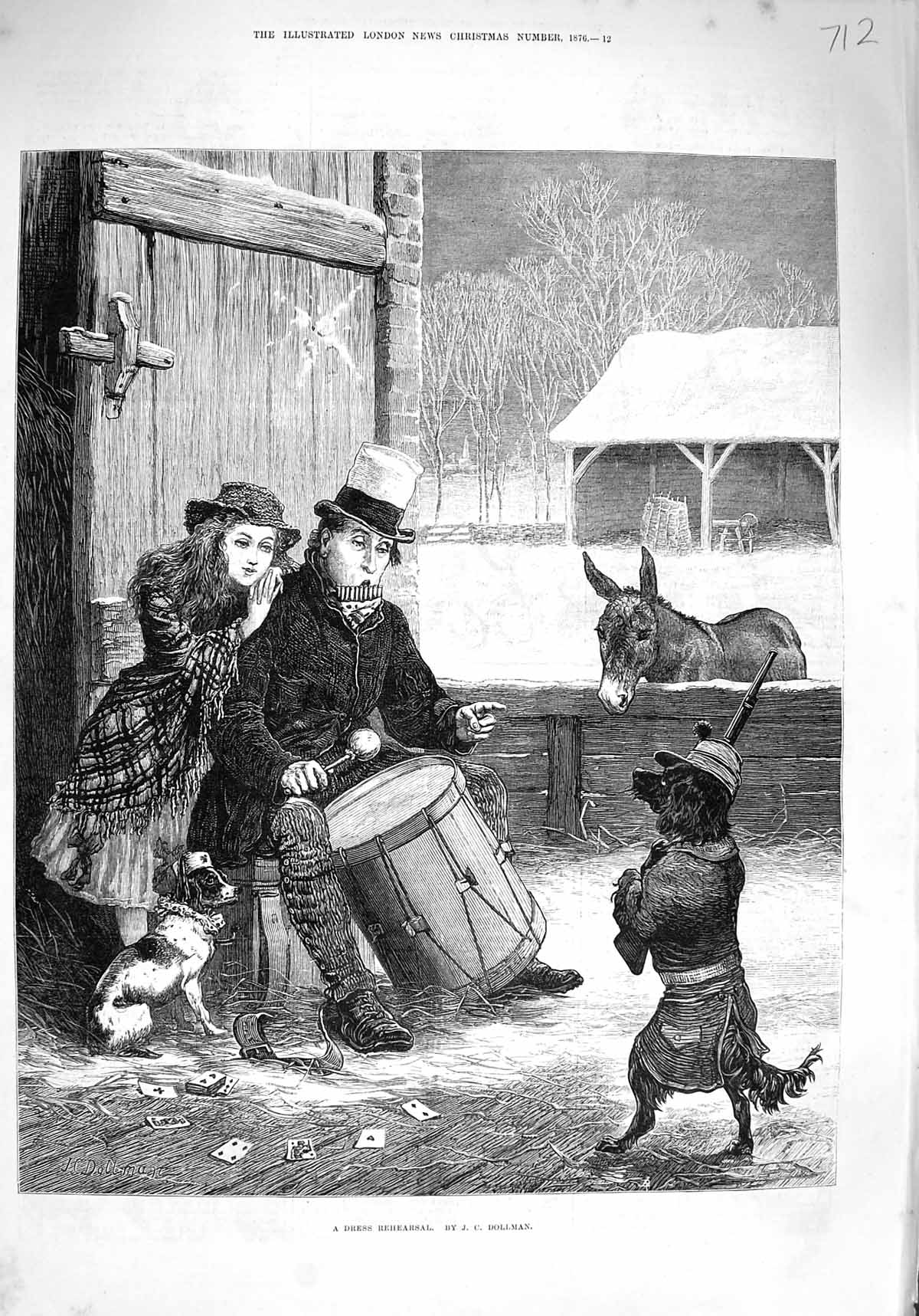 Original Old Antique Print 1876 Dress Rehearsal Man Music Drum Performing Dog