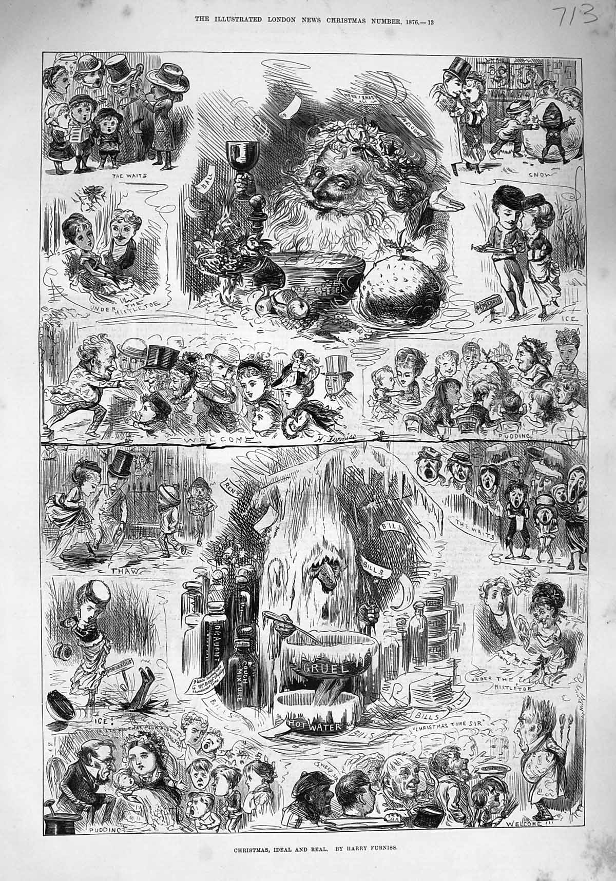Old Antique Print 1876 Christmas Ideal Real Christmas Gruel Pudding Story 19th