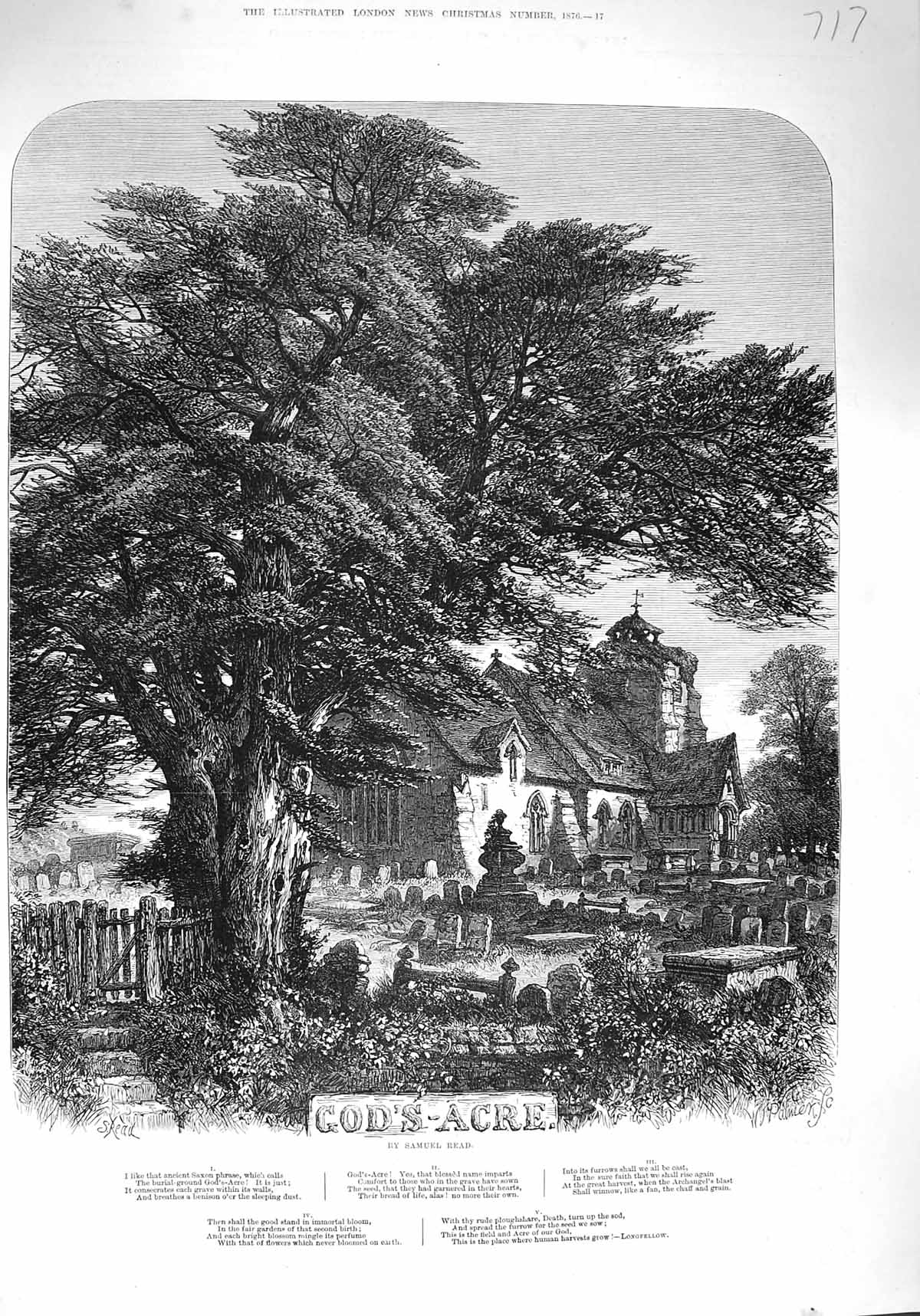 Old Antique Print 1876 God'S Acre Church Graveyard Samuel Read Fine Art 19th