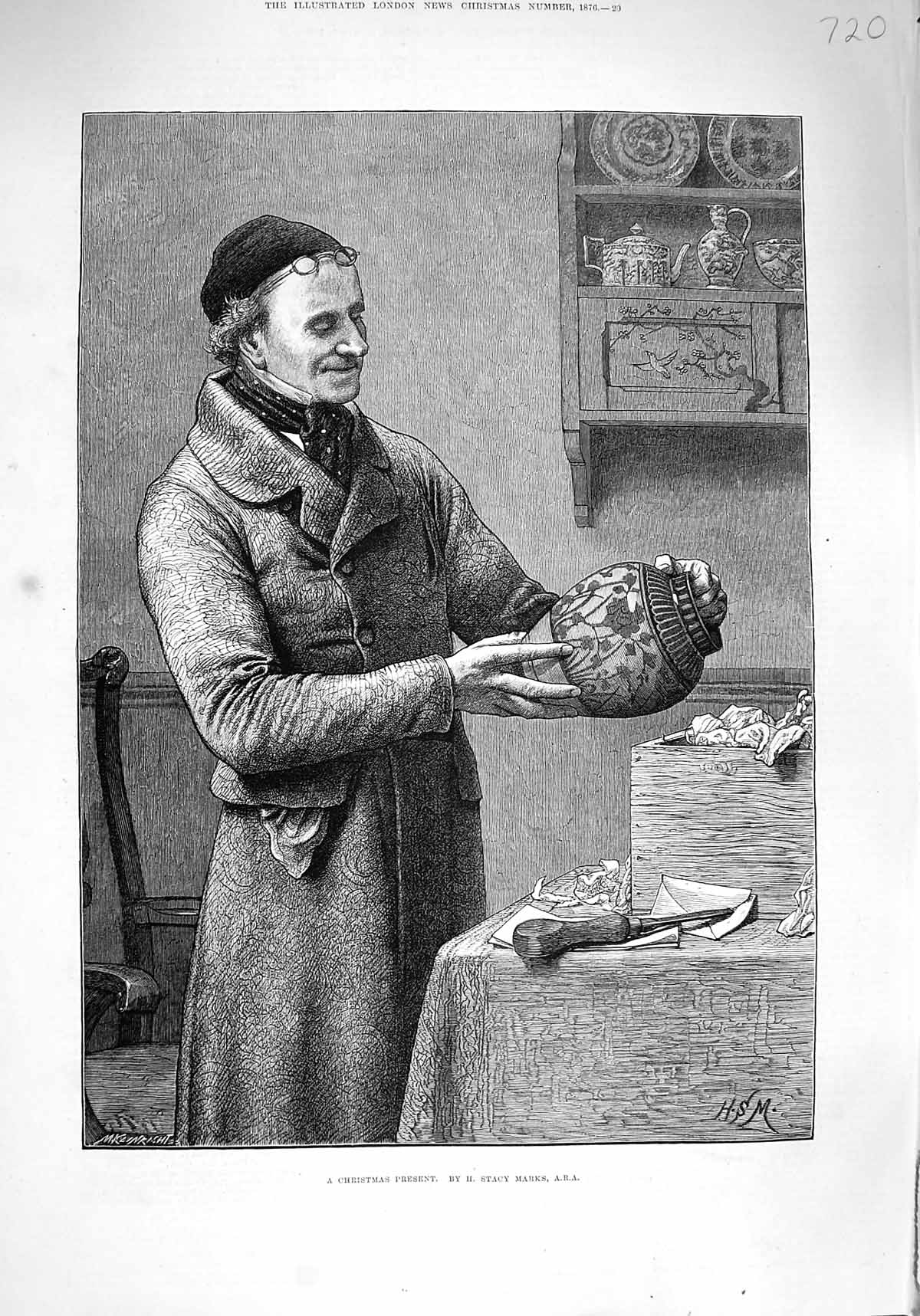 Old Antique Print 1876 Christmas Present Man Porcelain Vase Stacy Marks 19th